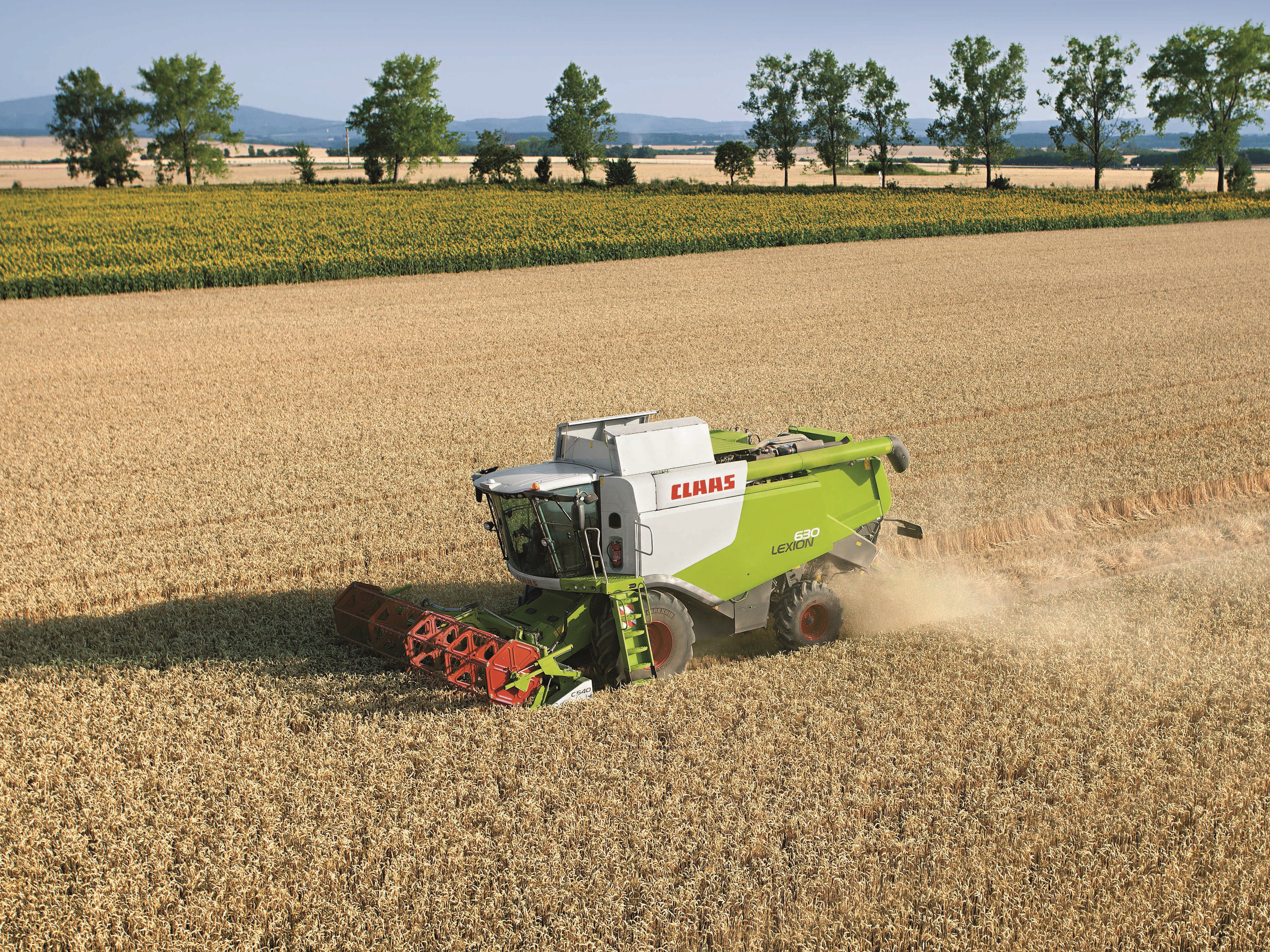 Claas Lexion 630 combine harvester in a wheat field HD Wallpaper