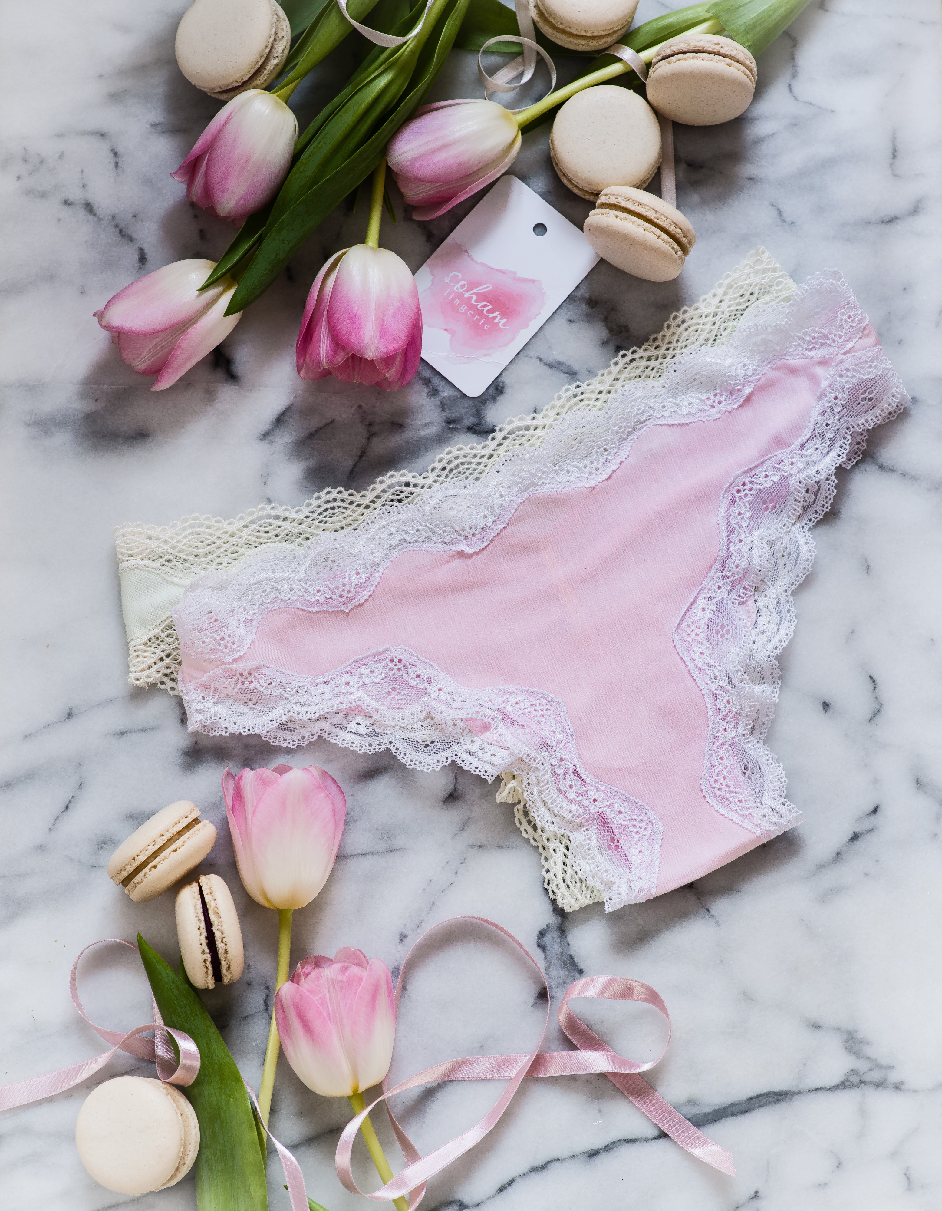 Pink lace panties with tulips and macarons HD Phone Wallpaper
