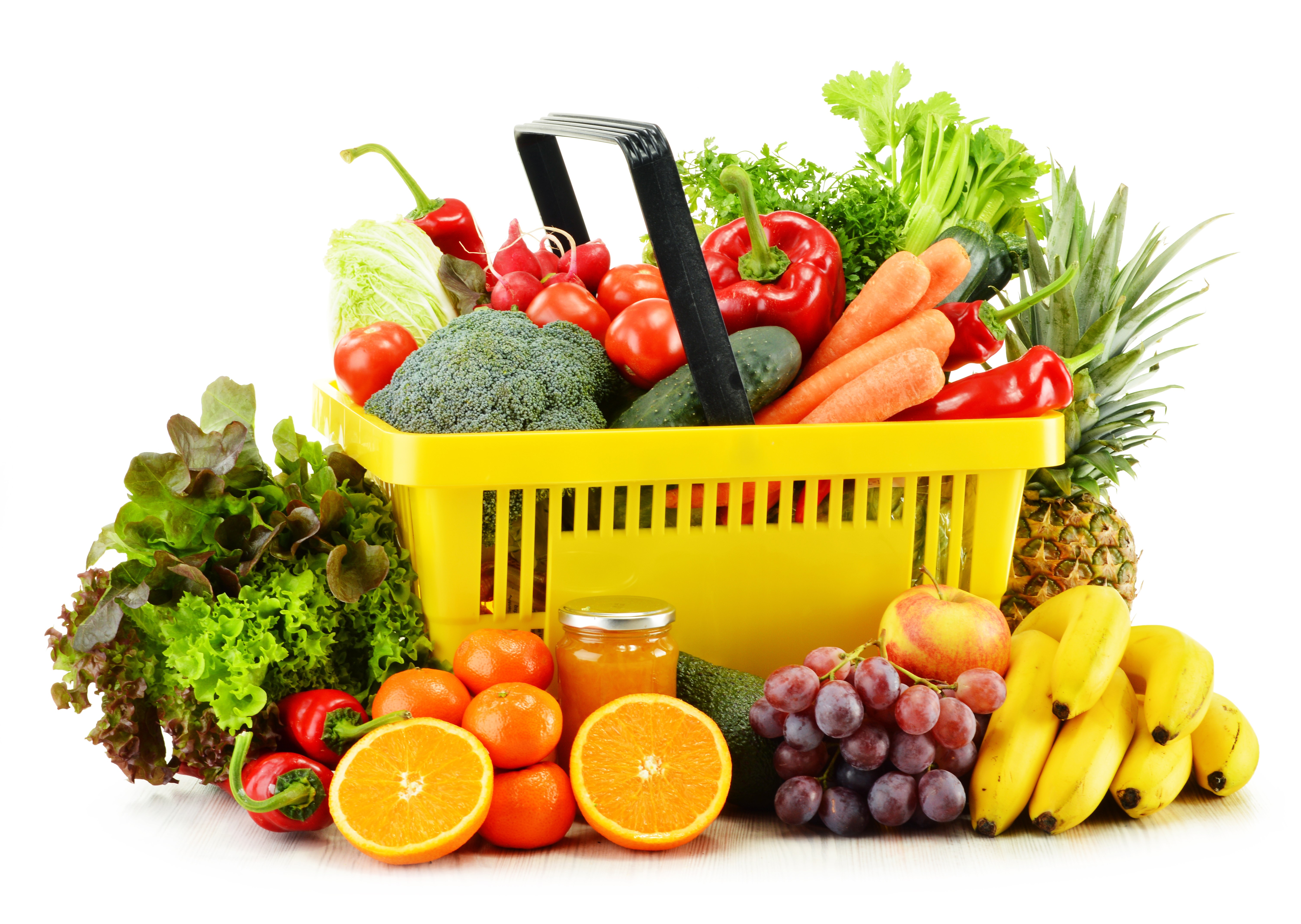 Yellow basket filled with fresh fruits and vegetables HD Wallpaper