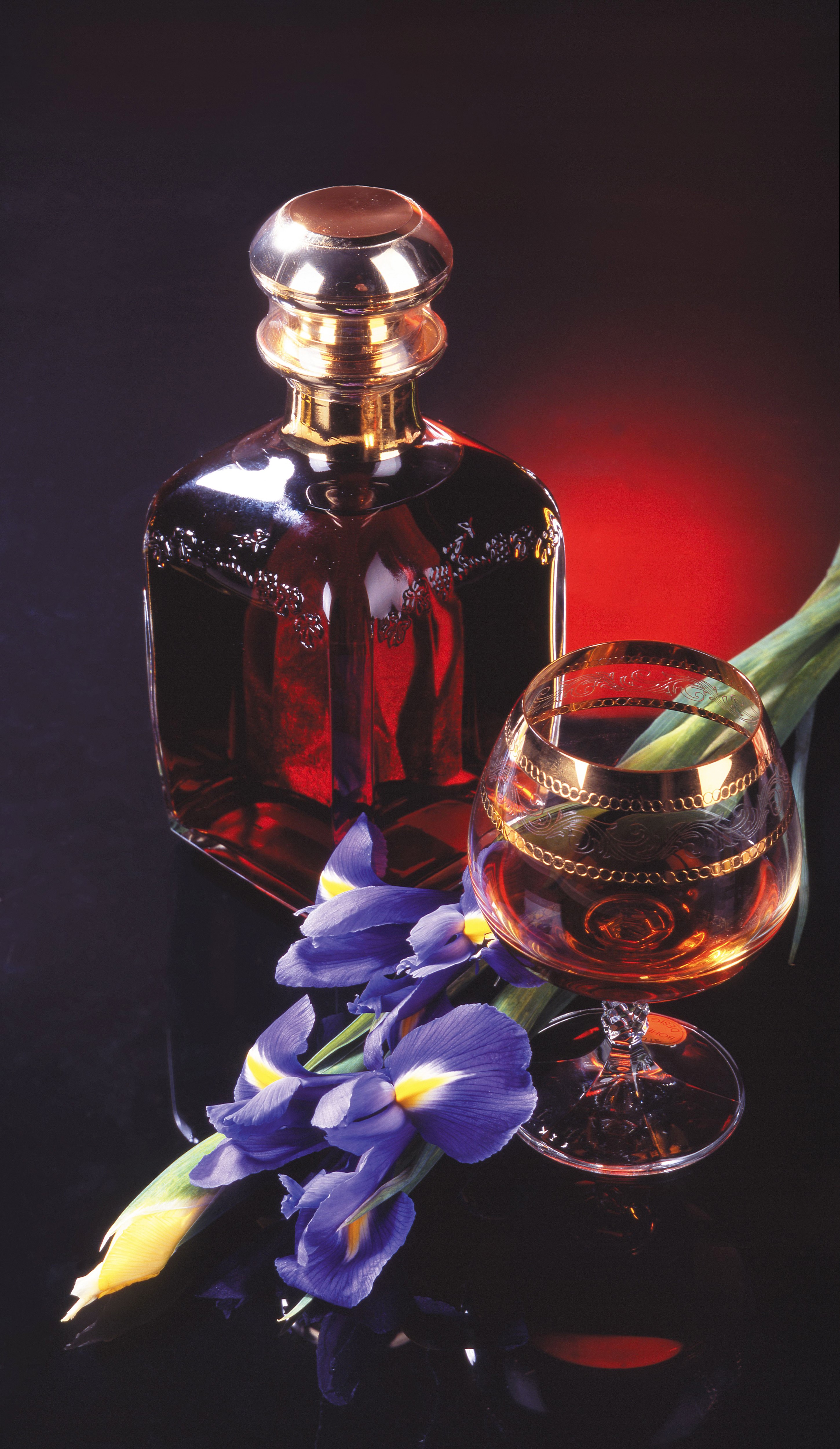 Still-life of Irises, Whisky Bottle, and Glass HD Phone Wallpaper