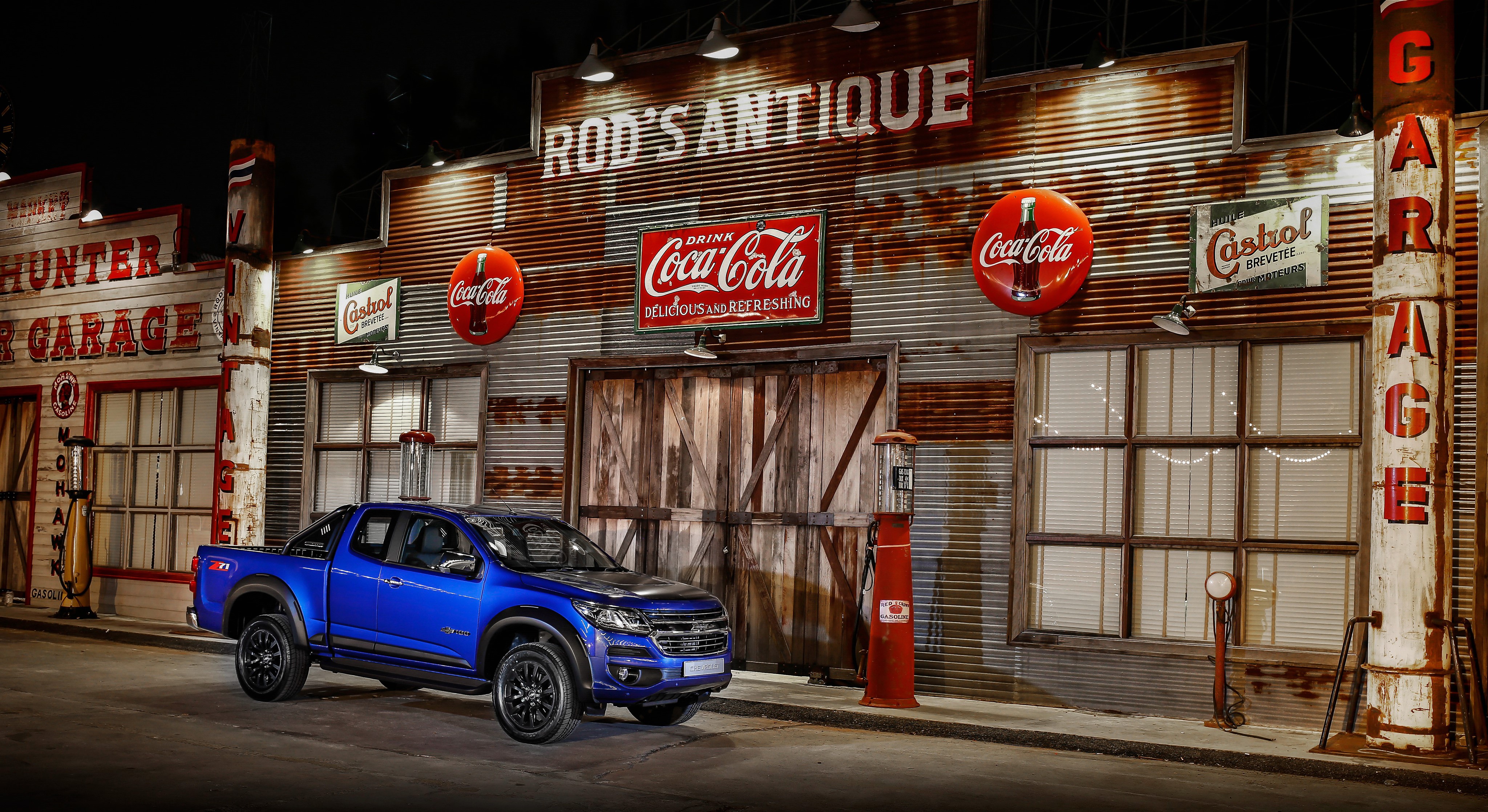 Blue Chevrolet Colorado Pickup Truck at Rod's Antique Garage HD Wallpaper