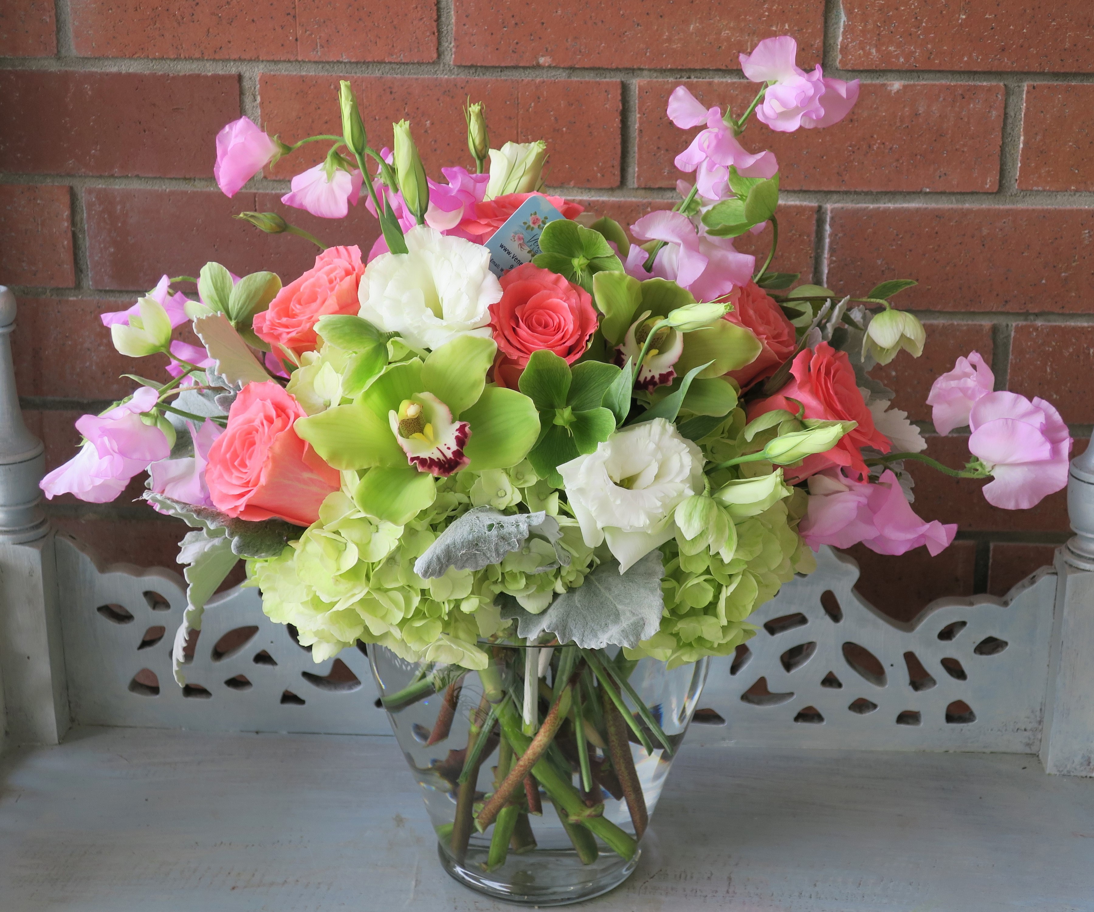 Orchid, Rose, and Eustoma Flower Bouquet in Vase HD Wallpaper