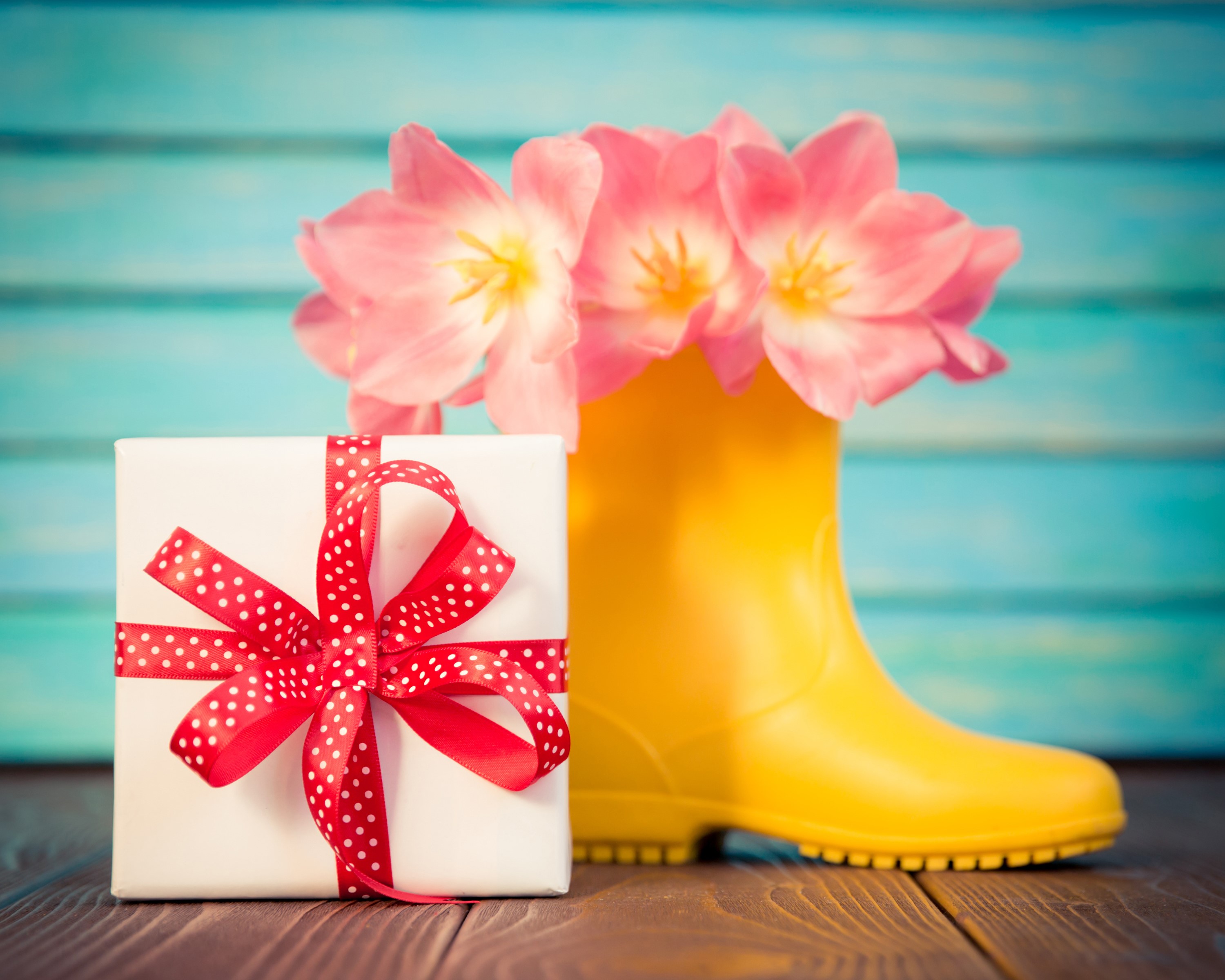 Gift box with pink tulips in yellow boot HD Wallpaper