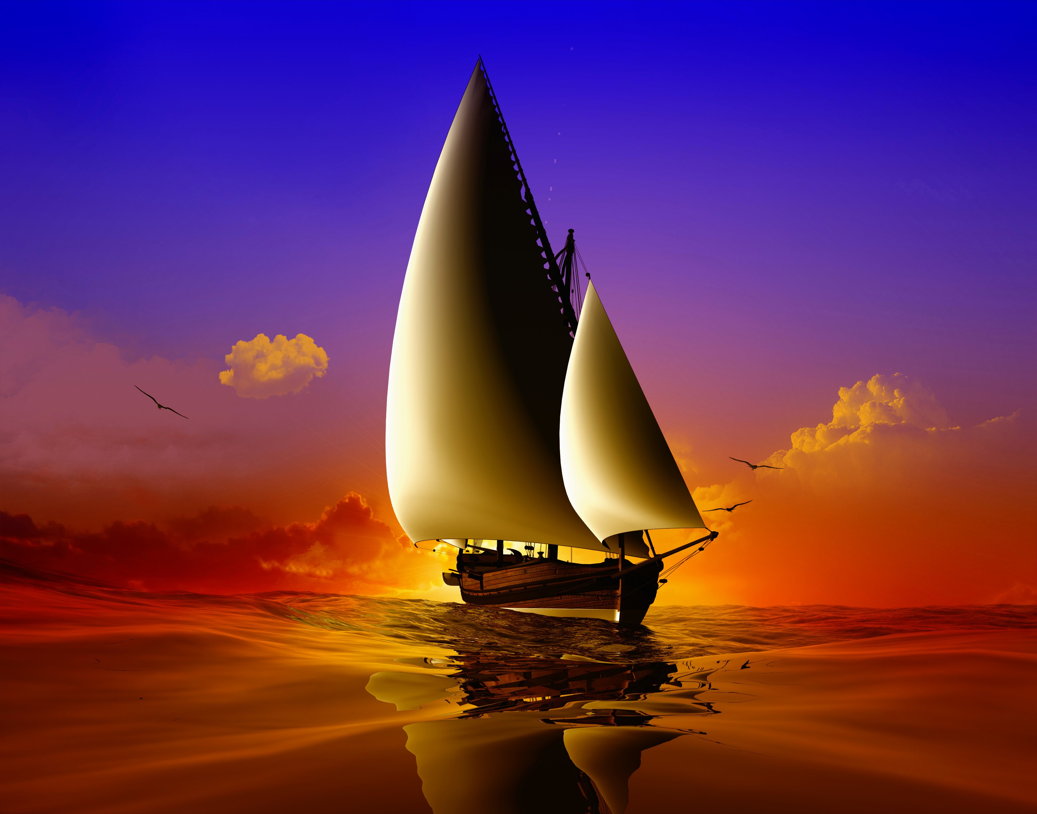 Sailboat sailing on the ocean at sunset HD Wallpaper