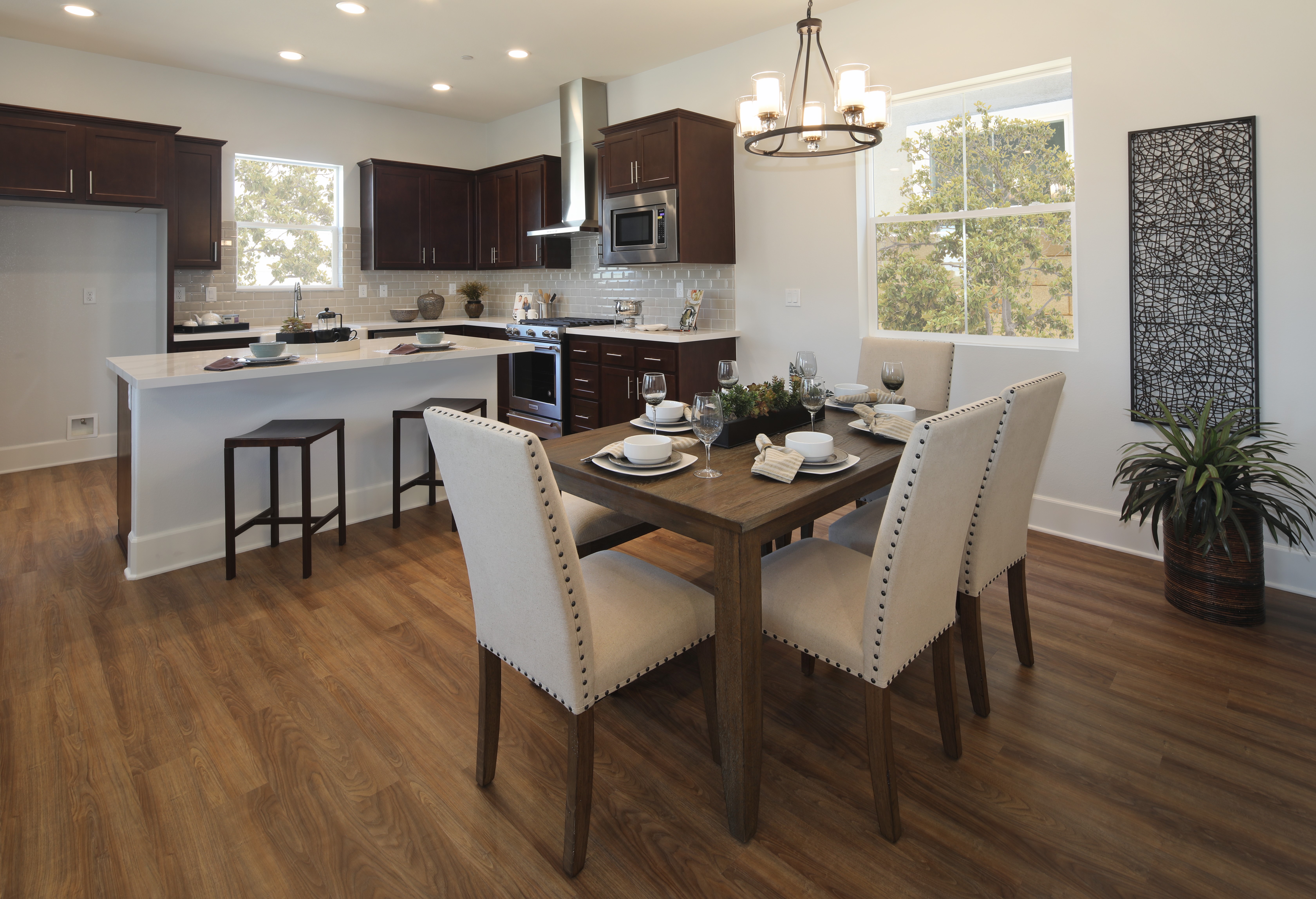 Kitchen and Dining Area with Island and Table HD Wallpaper