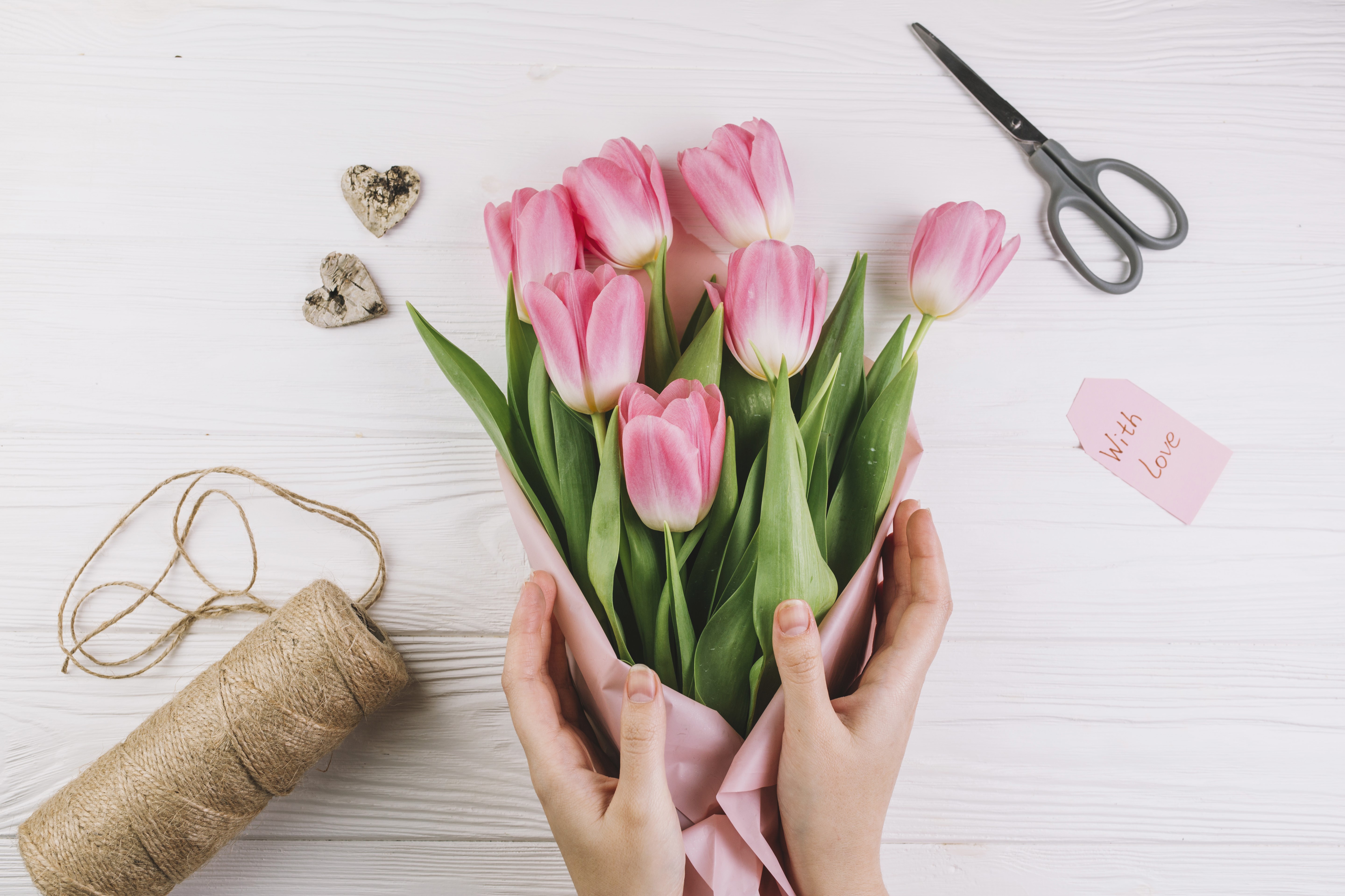 Pink Tulips with Hands and Gift Tag HD Wallpaper