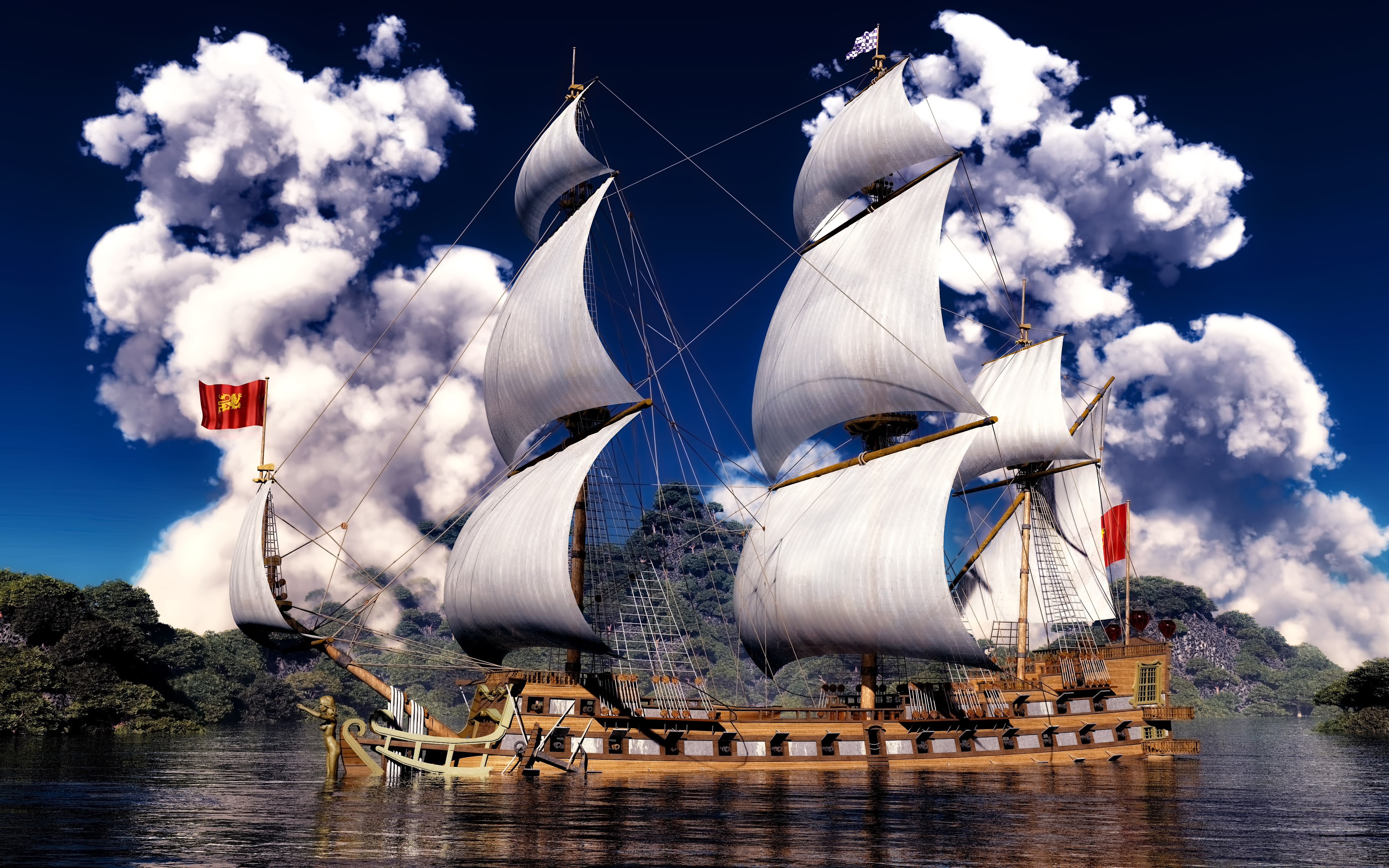 Sailing ship on the water with clouds and trees HD Wallpaper
