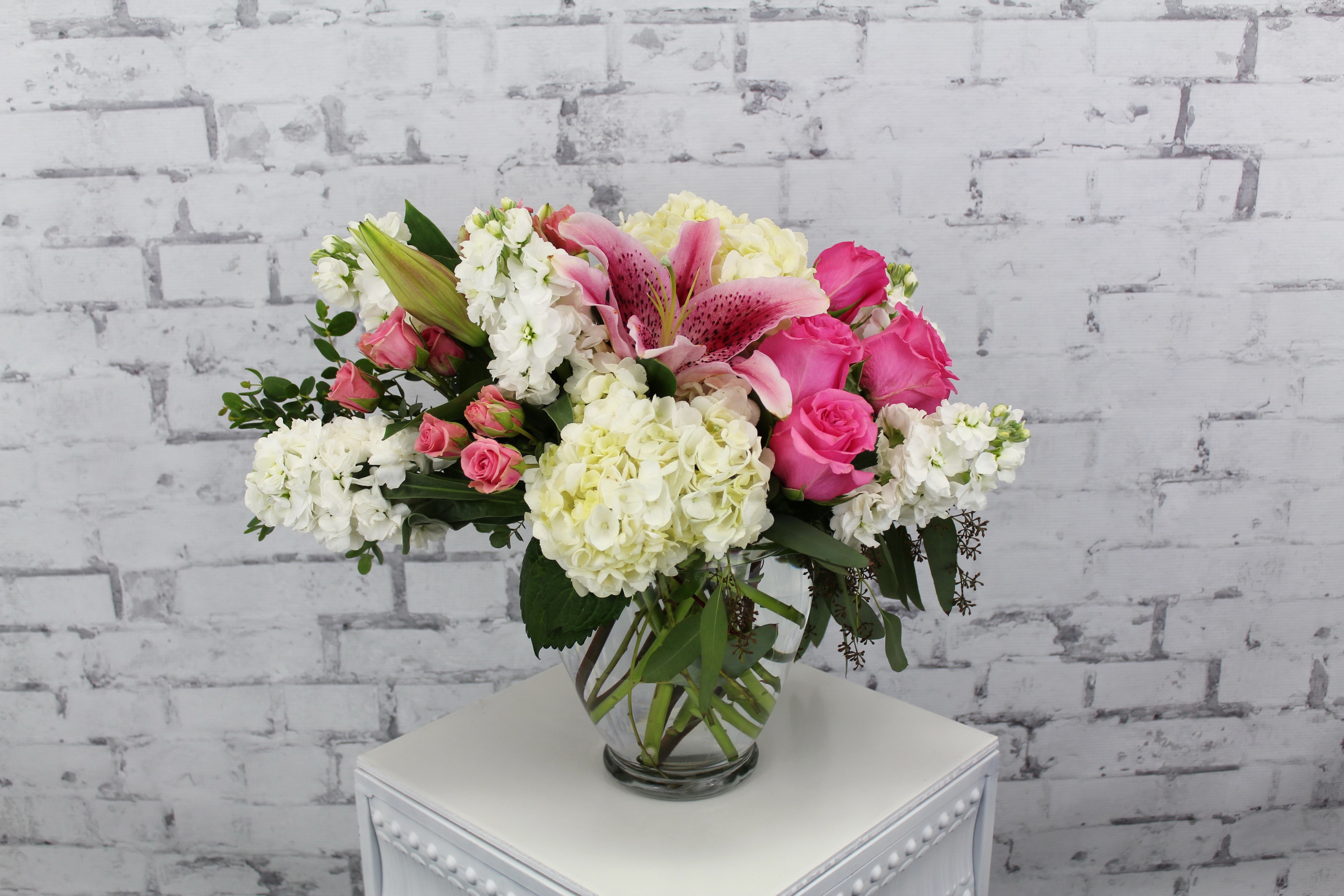 Pink Roses, Lilies, Hydrangea, and Stock Flower Bouquet HD Wallpaper