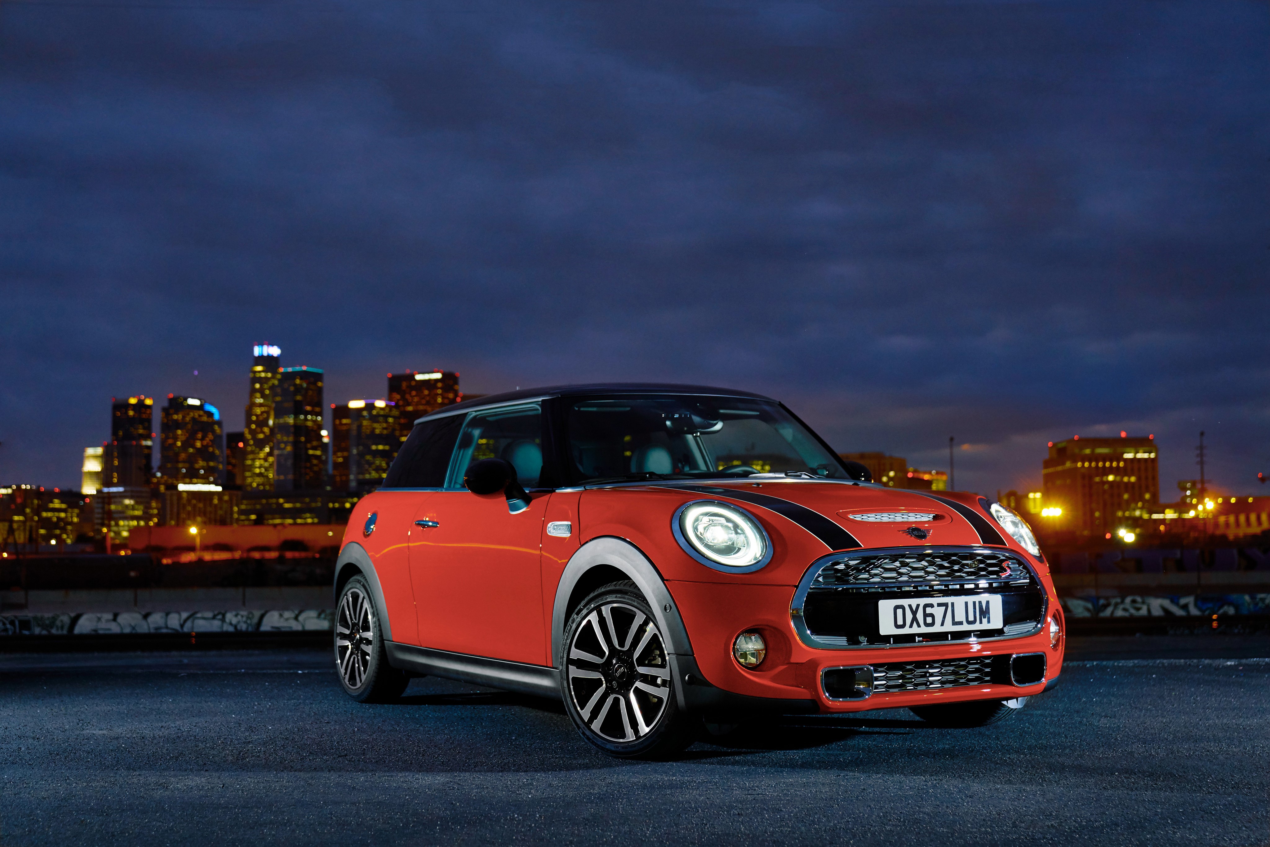 4K 2018 Red Mini Cooper S with City Skyline HD Wallpaper