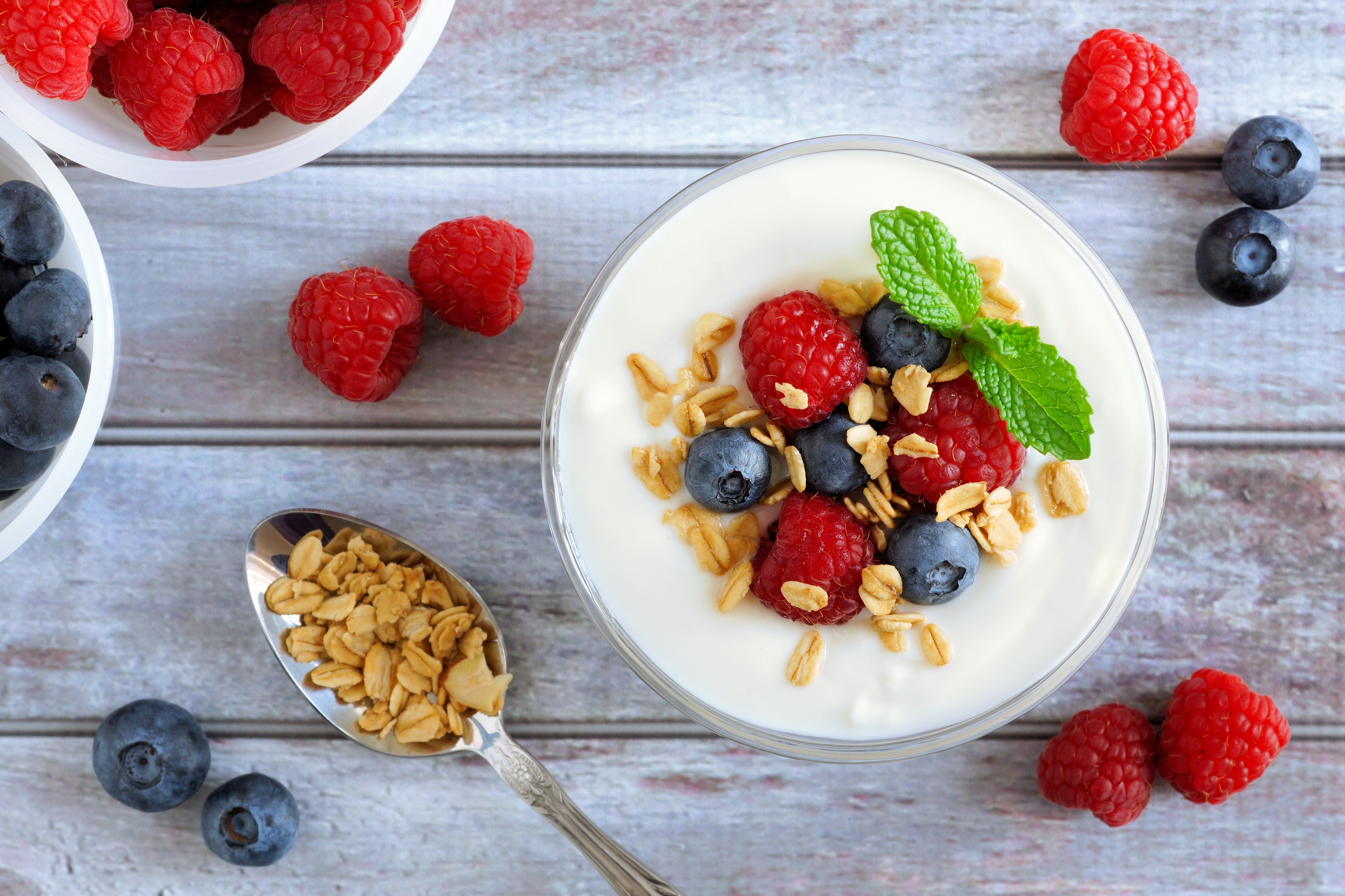 Yogurt with Raspberries, Blueberries, and Granola HD Wallpaper