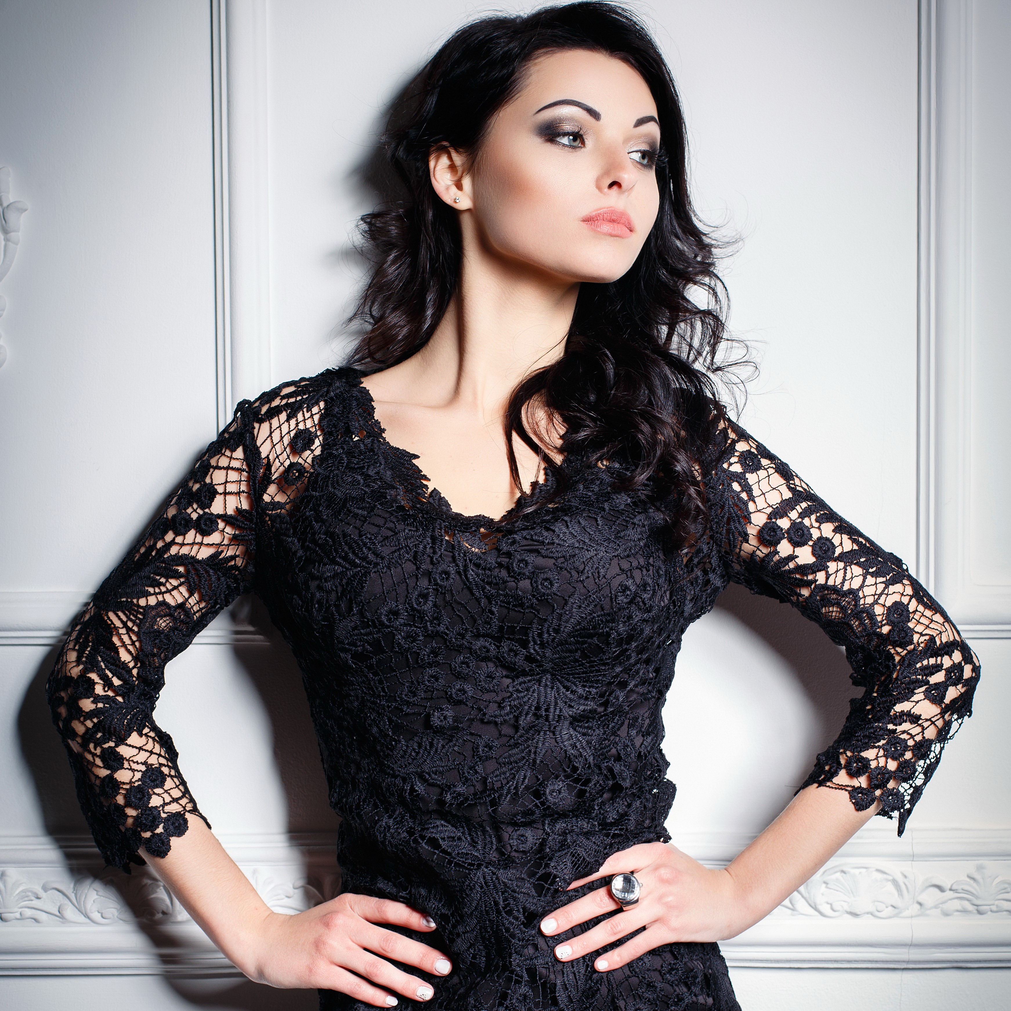 Brunette woman in black lace dress HD Wallpaper