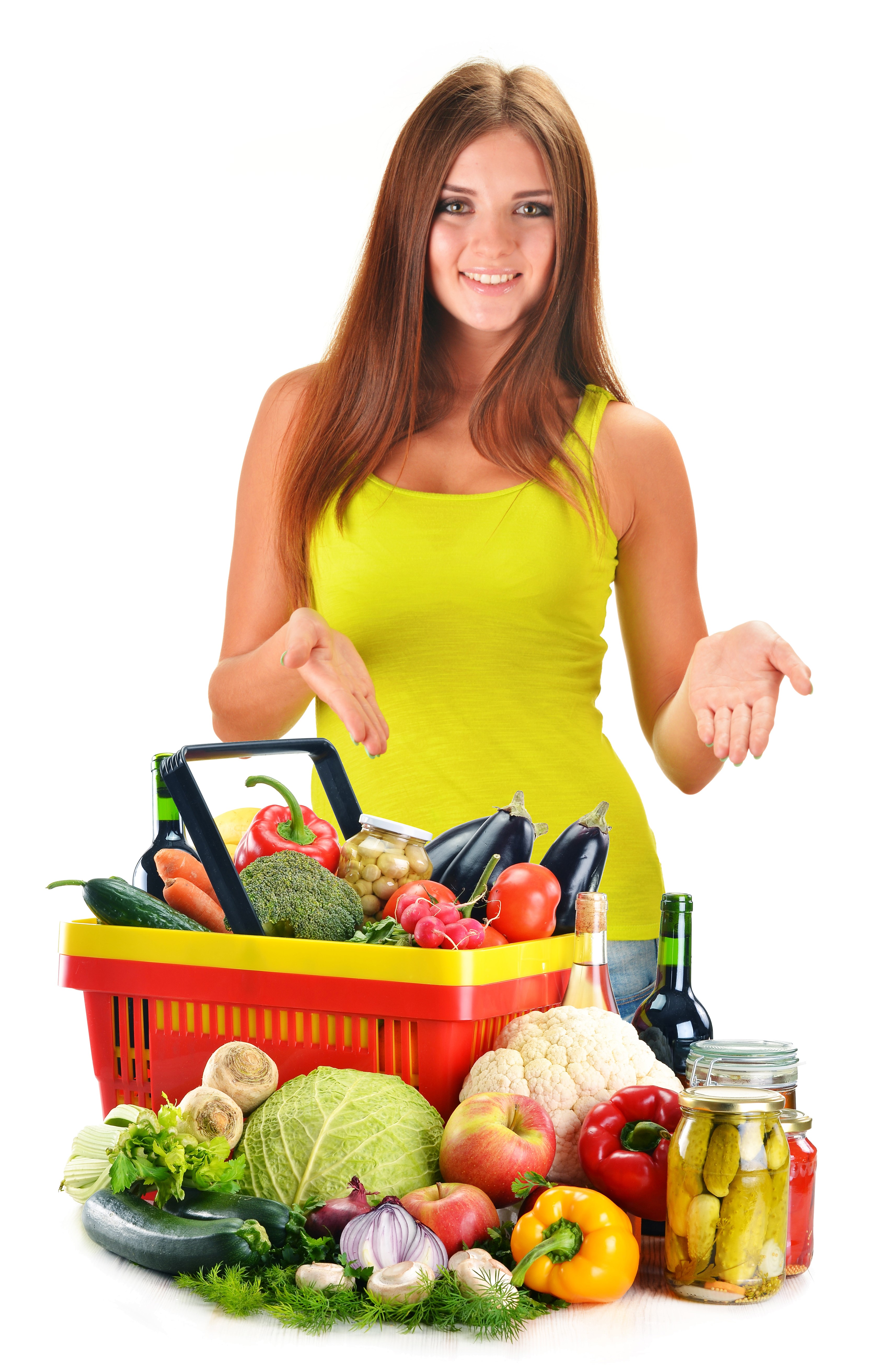 Woman with a basket of fresh vegetables and fruits HD Phone Wallpaper