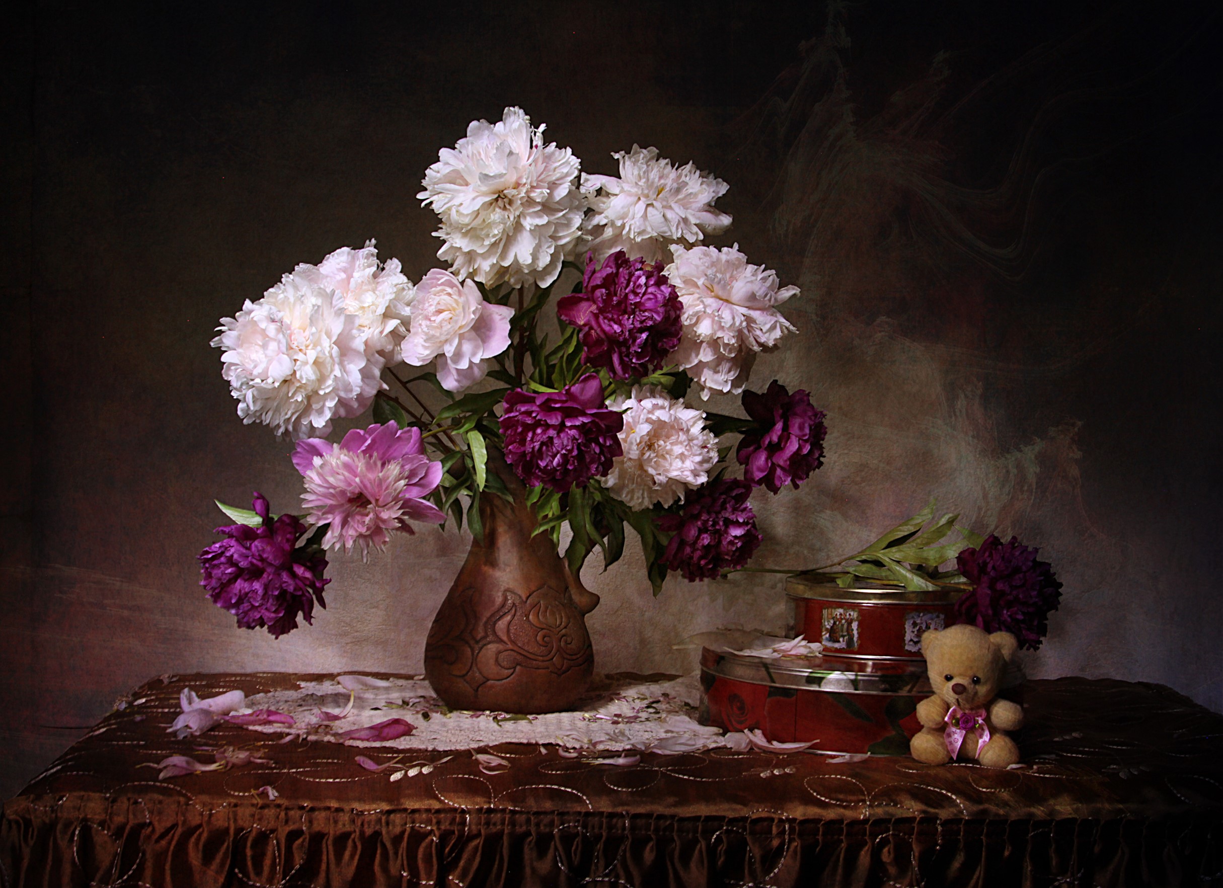 Still-life of peonies in a vase with a teddy bear and boxes HD Wallpaper