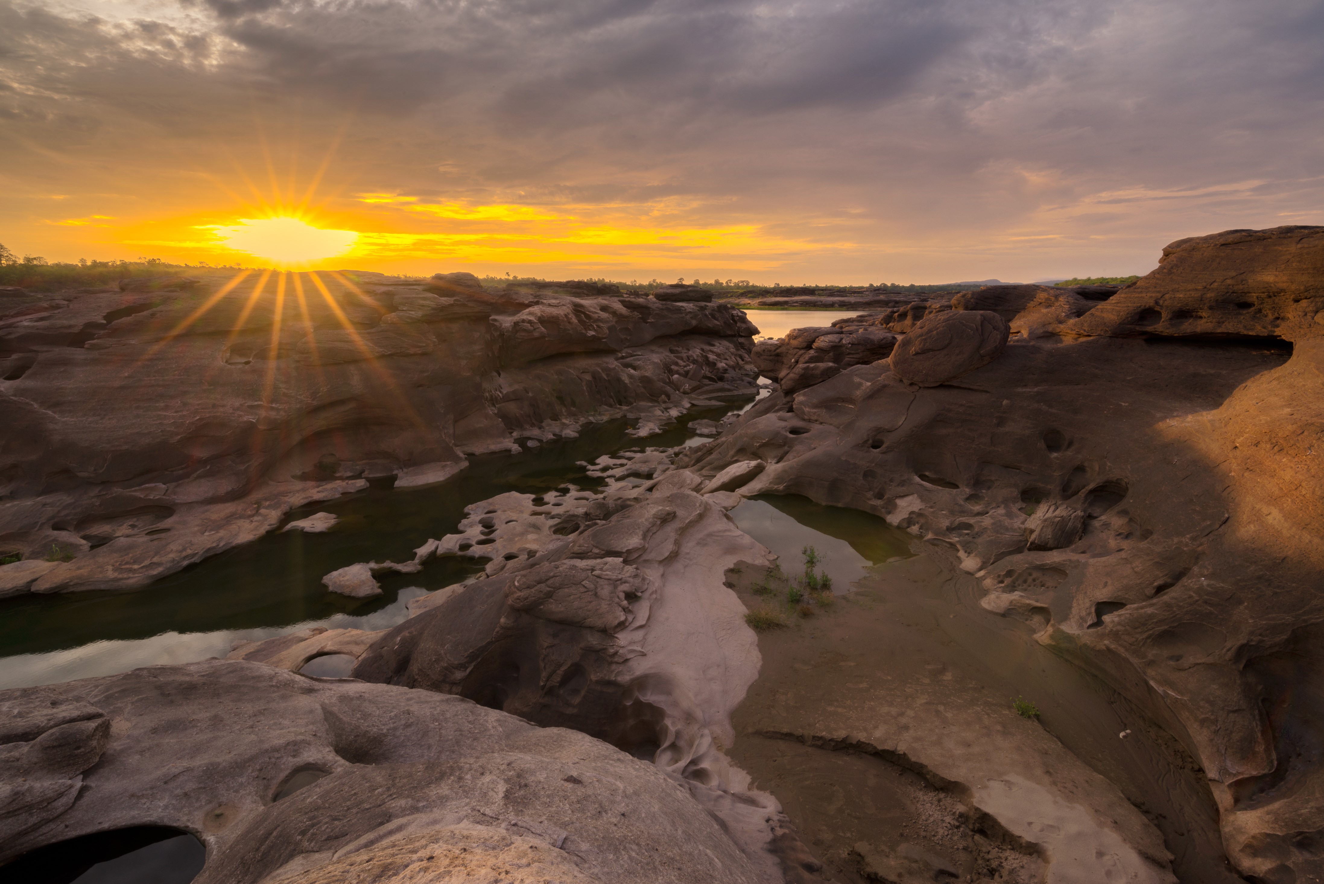 4K Sampanbok natural stone park Ubonratchathani Thailand sunset HD Wallpaper