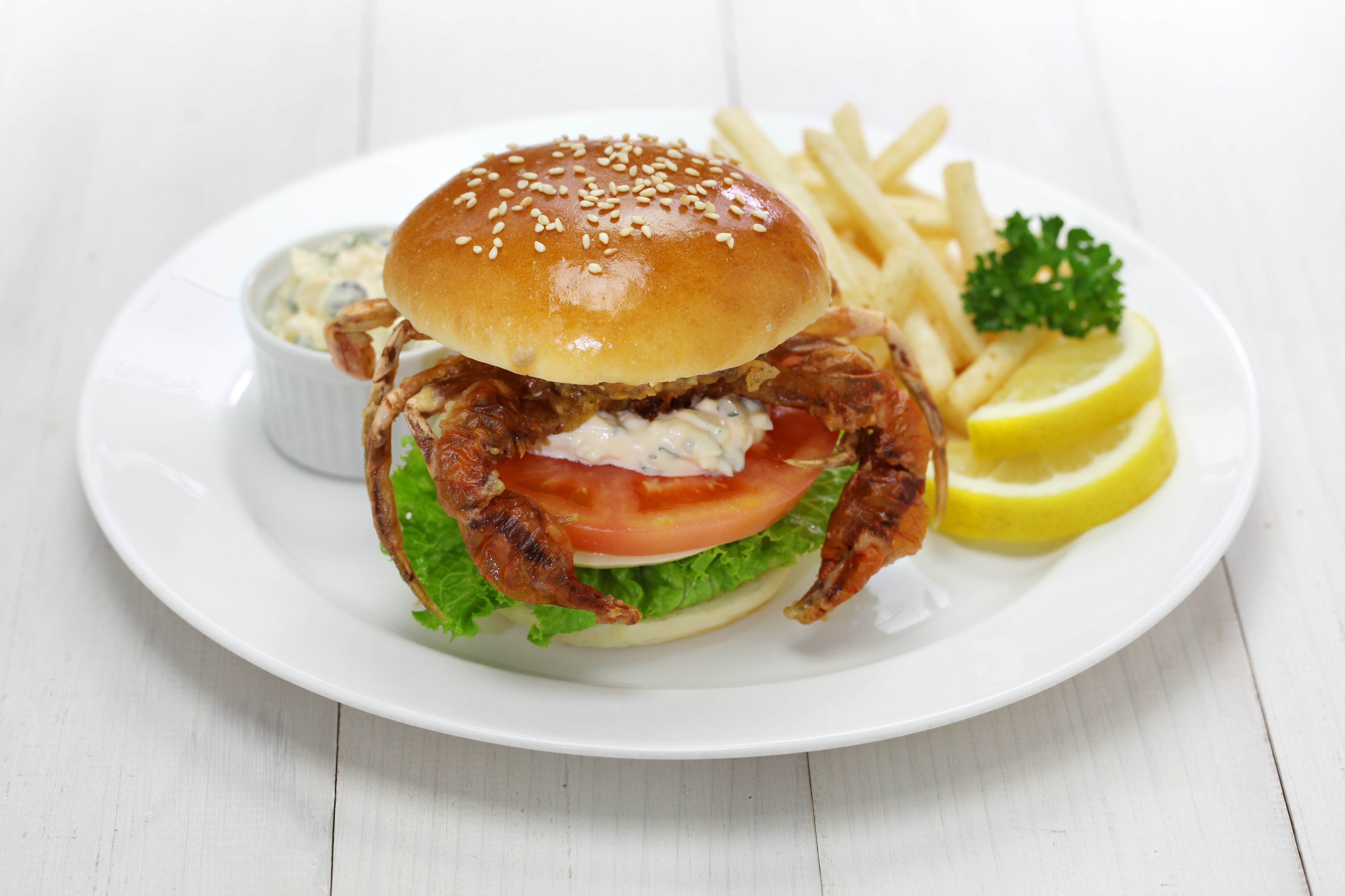 Soft Shell Crab Burger with Fries and Coleslaw HD Wallpaper
