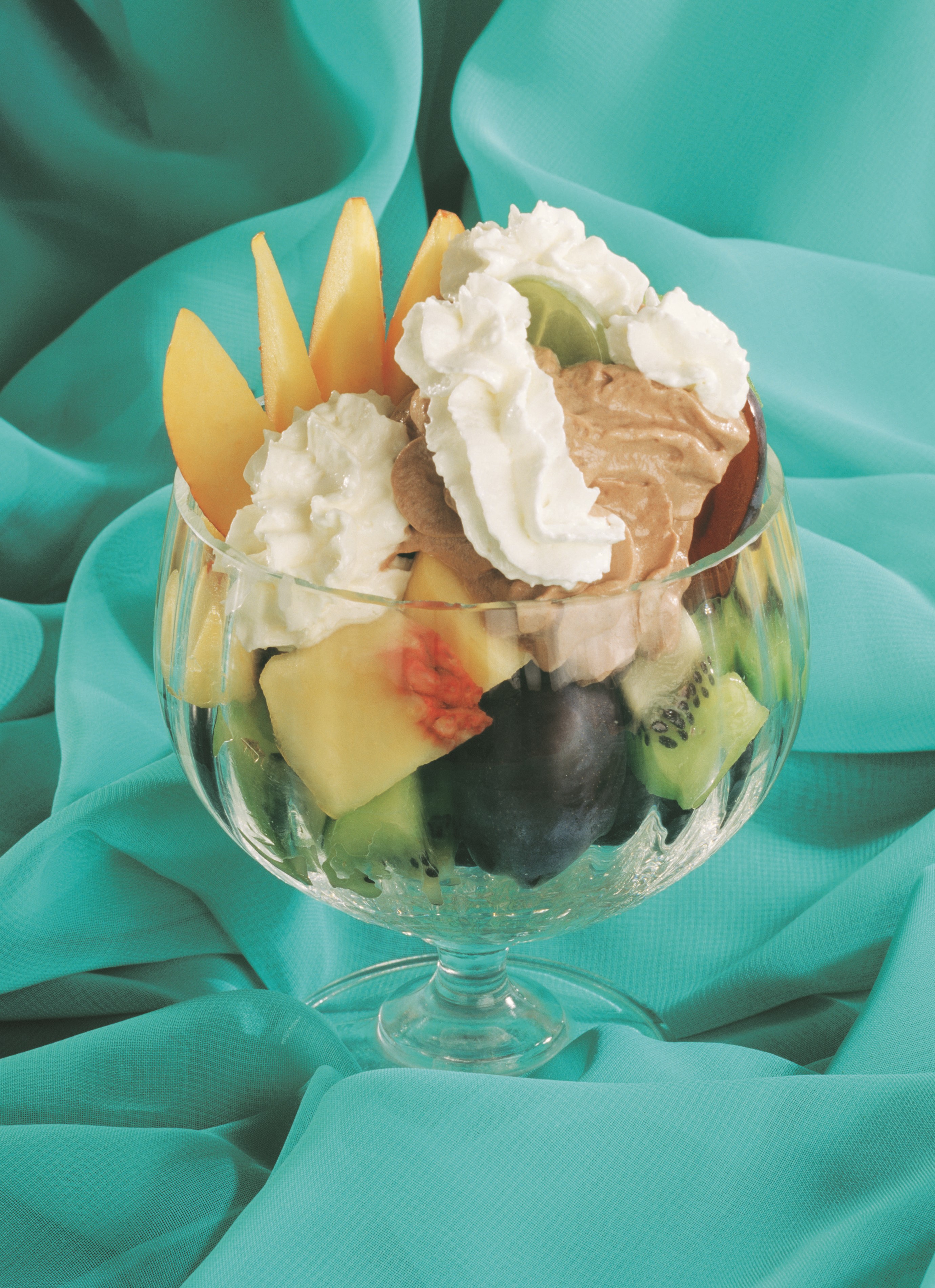 Fruit salad with ice cream and whipped cream in a glass HD Phone Wallpaper