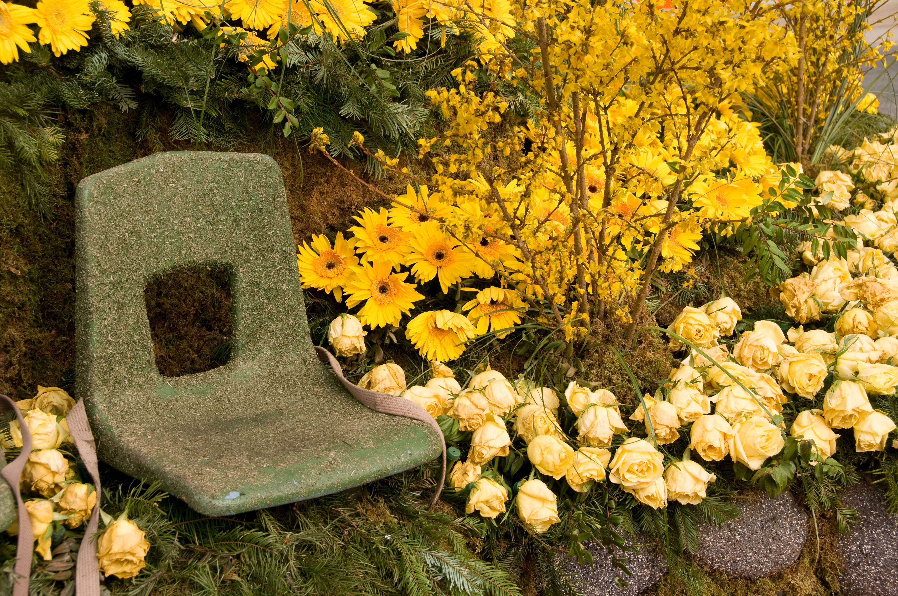 Green seat surrounded by yellow roses and gerberas HD Wallpaper