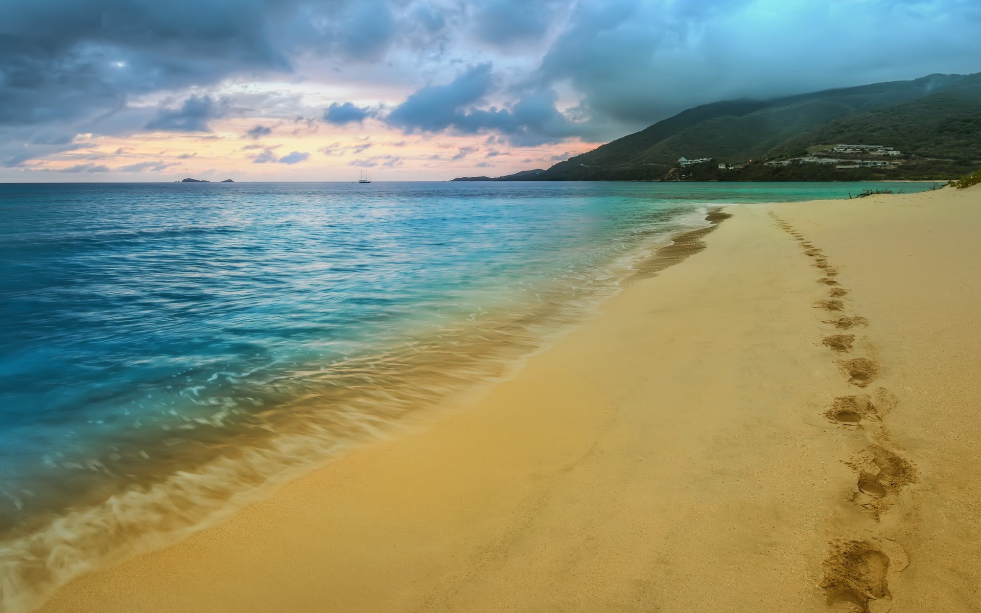 Footprints on a Tropical Beach at Sunset HD Wallpaper