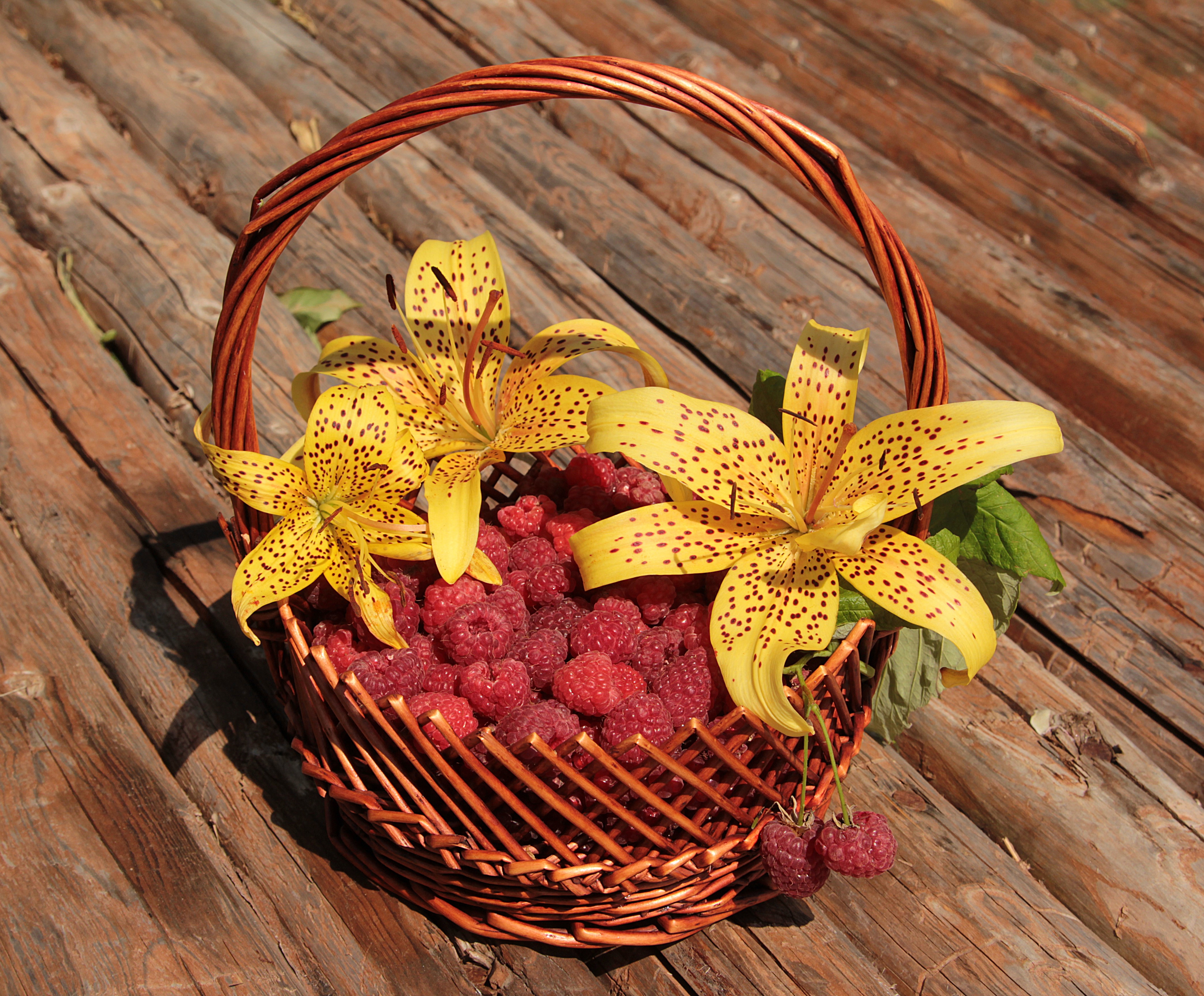 Raspberries and lilies in a wicker basket on wood planks HD Wallpaper