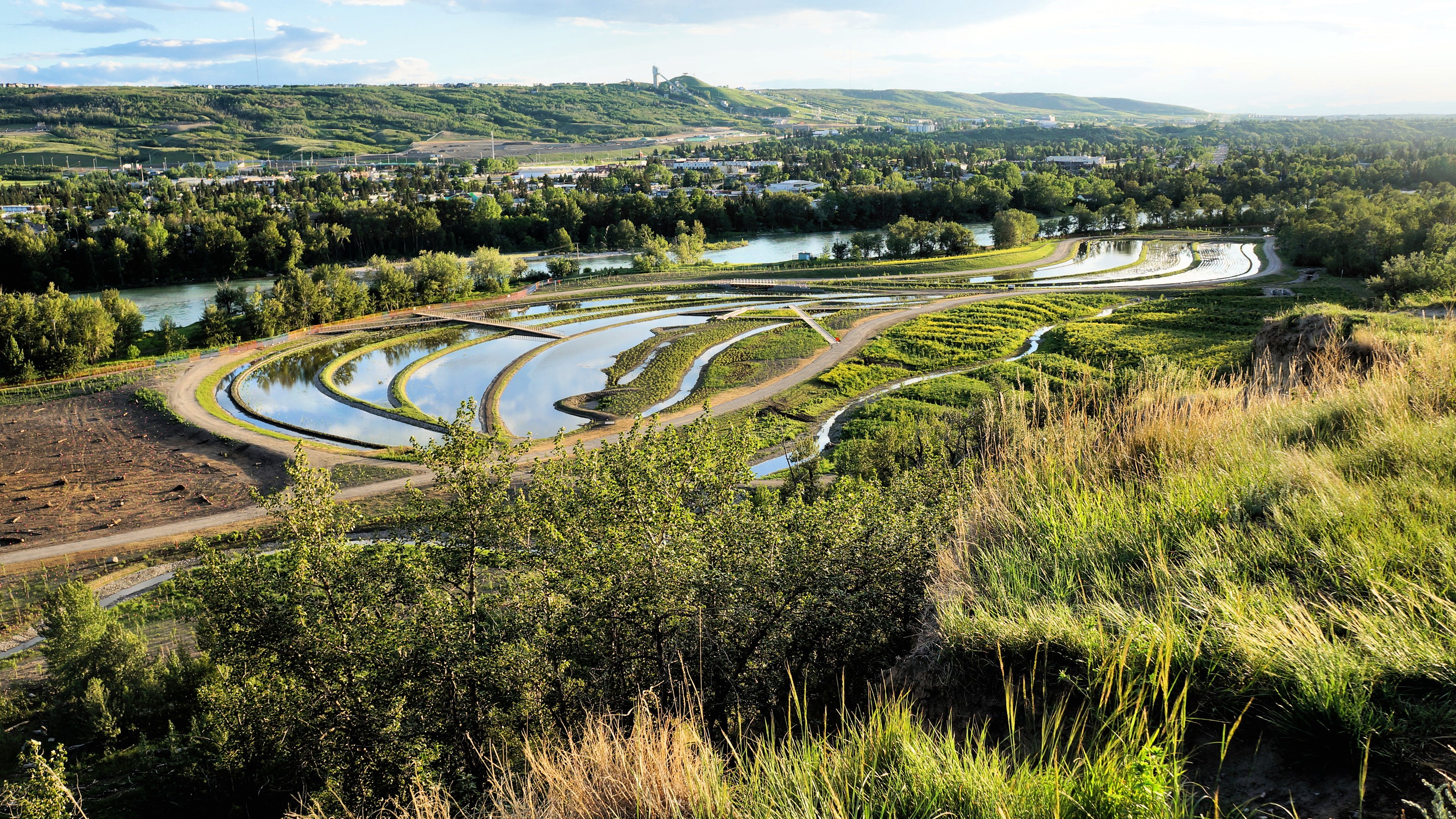 Bowmont Park Calgary Canada Scenery with River and Terraced Water Features HD Wallpaper