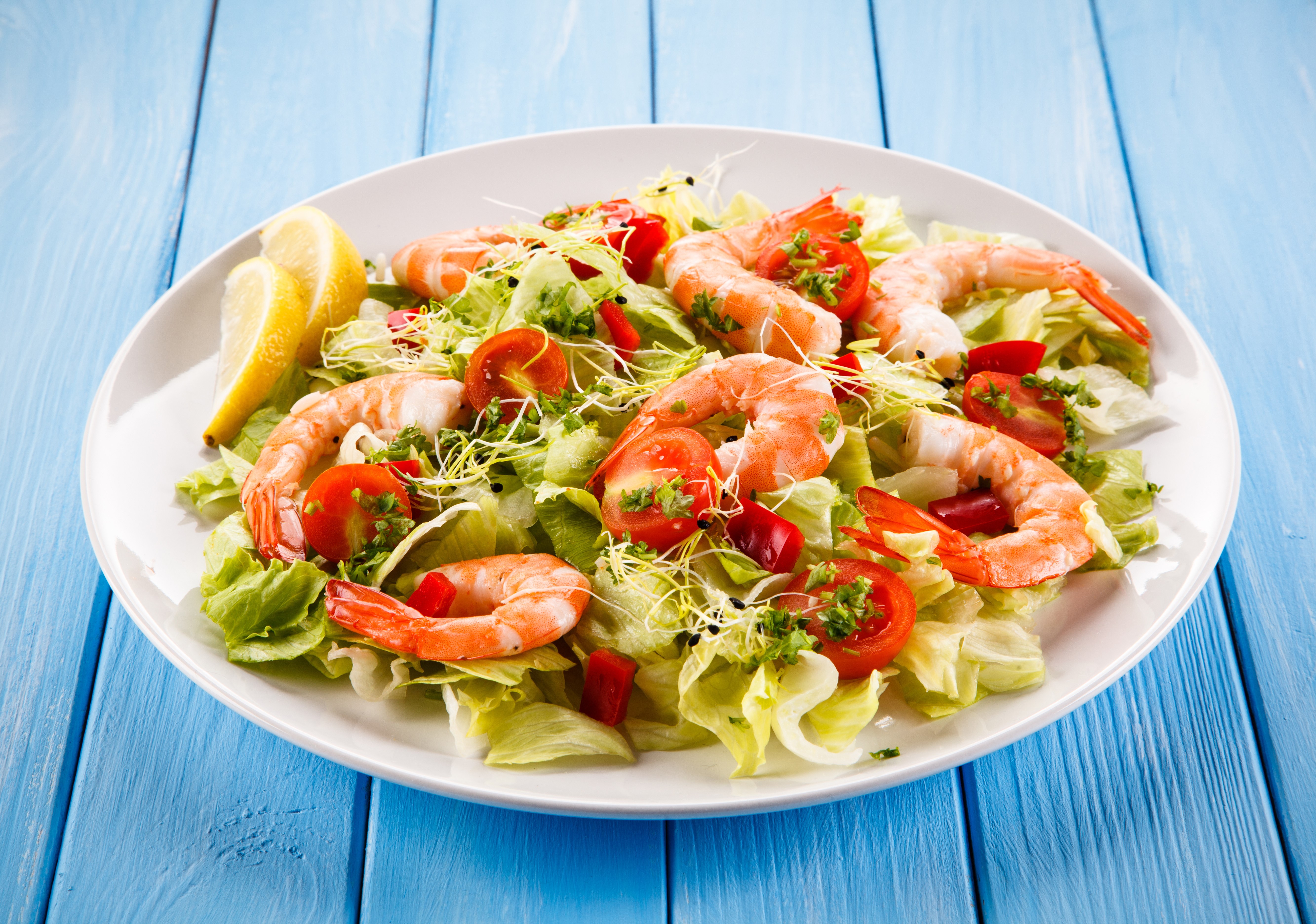 Shrimp salad with tomatoes and lemon on a white plate HD Wallpaper
