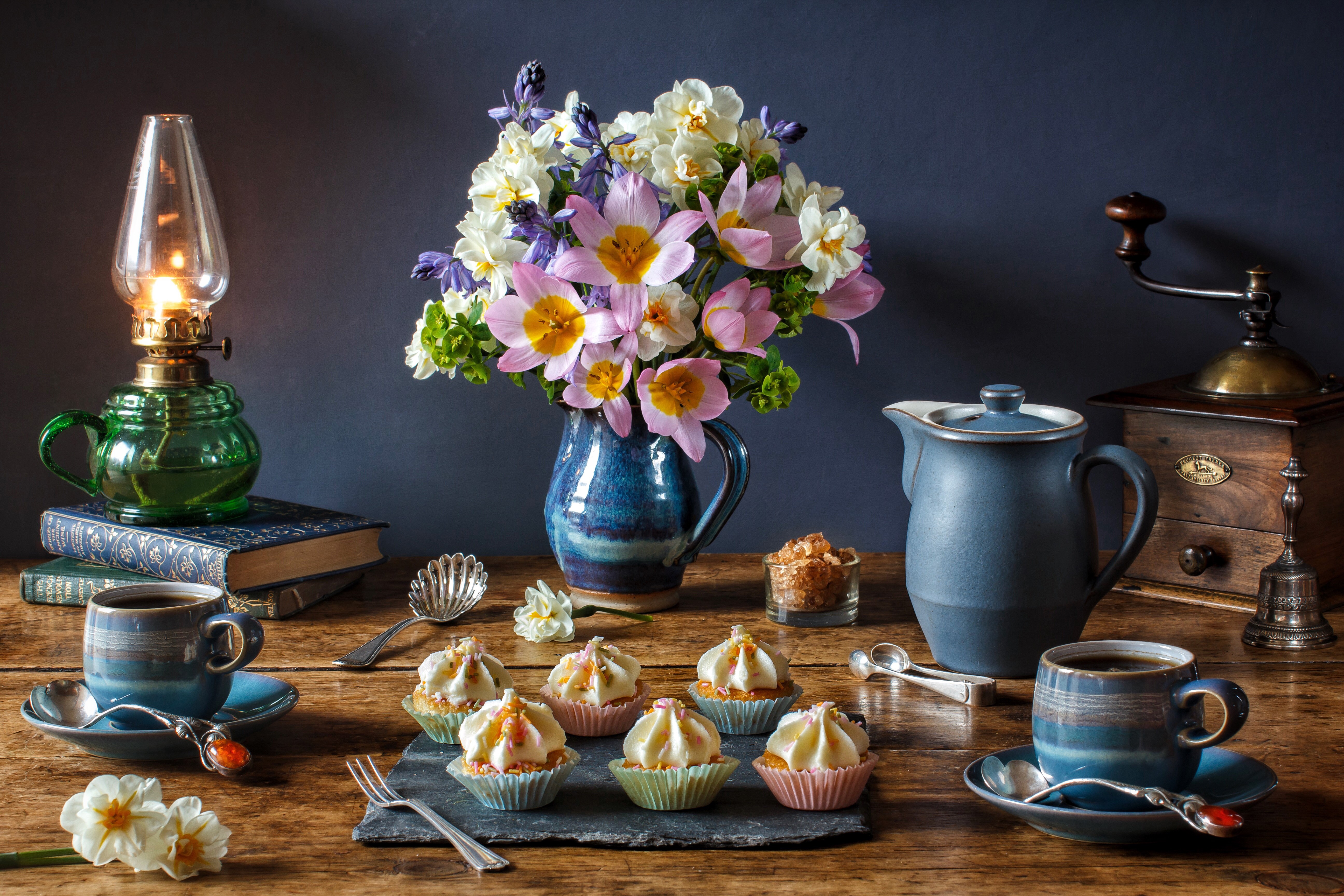 Still-life with flowers, cakes, and coffee HD Wallpaper