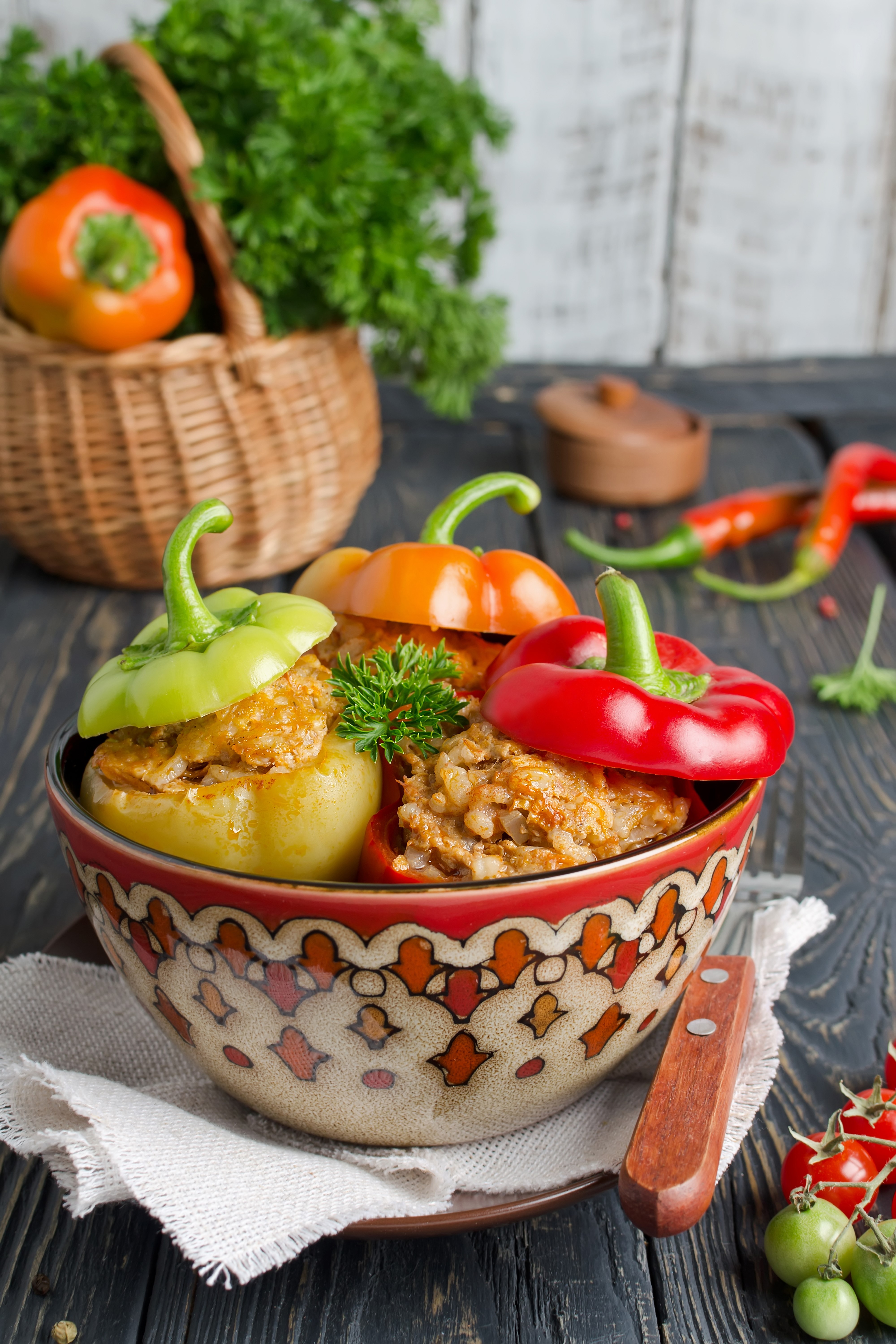 Stuffed Bell Peppers in a Bowl HD Phone Wallpaper