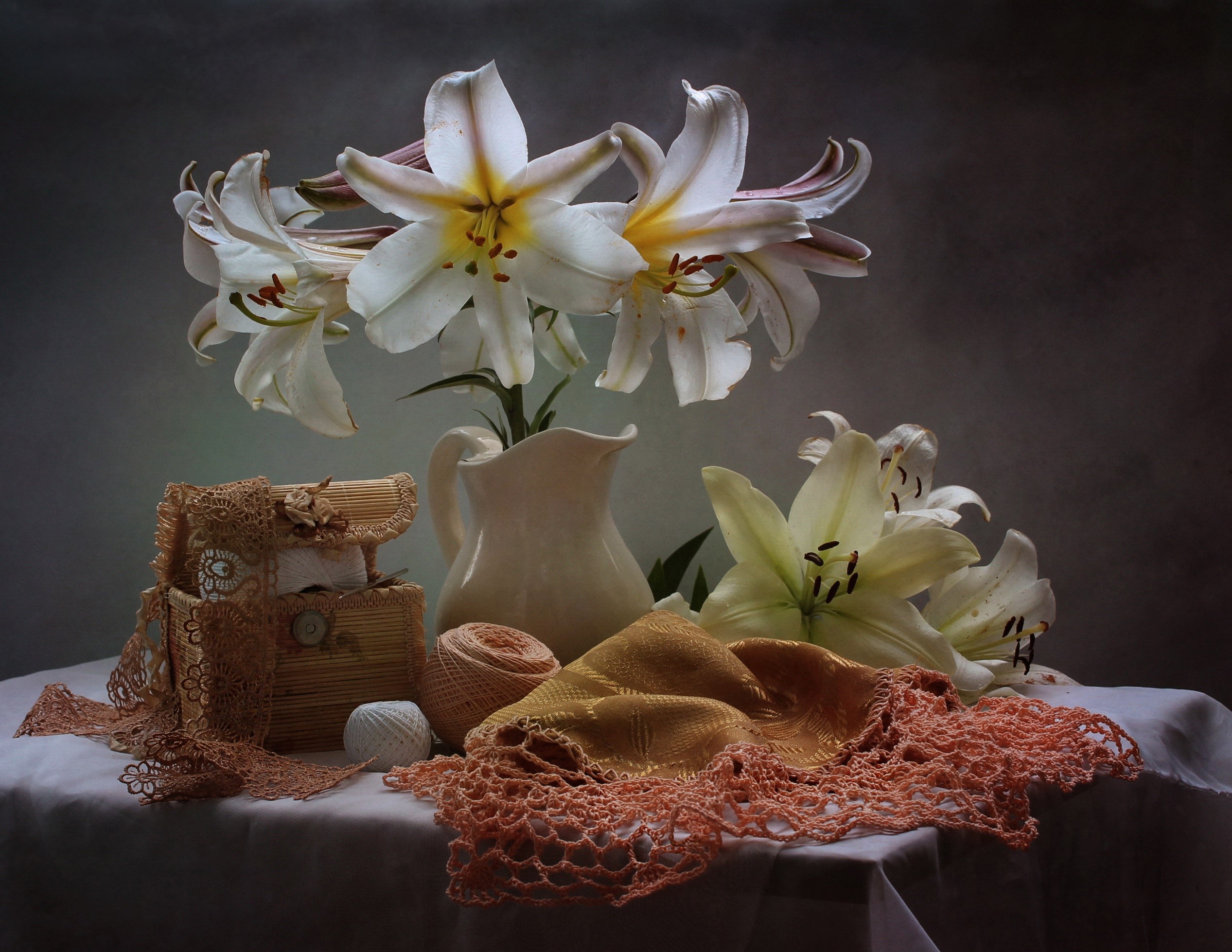 Still-life with white lilies and decorative items HD Wallpaper