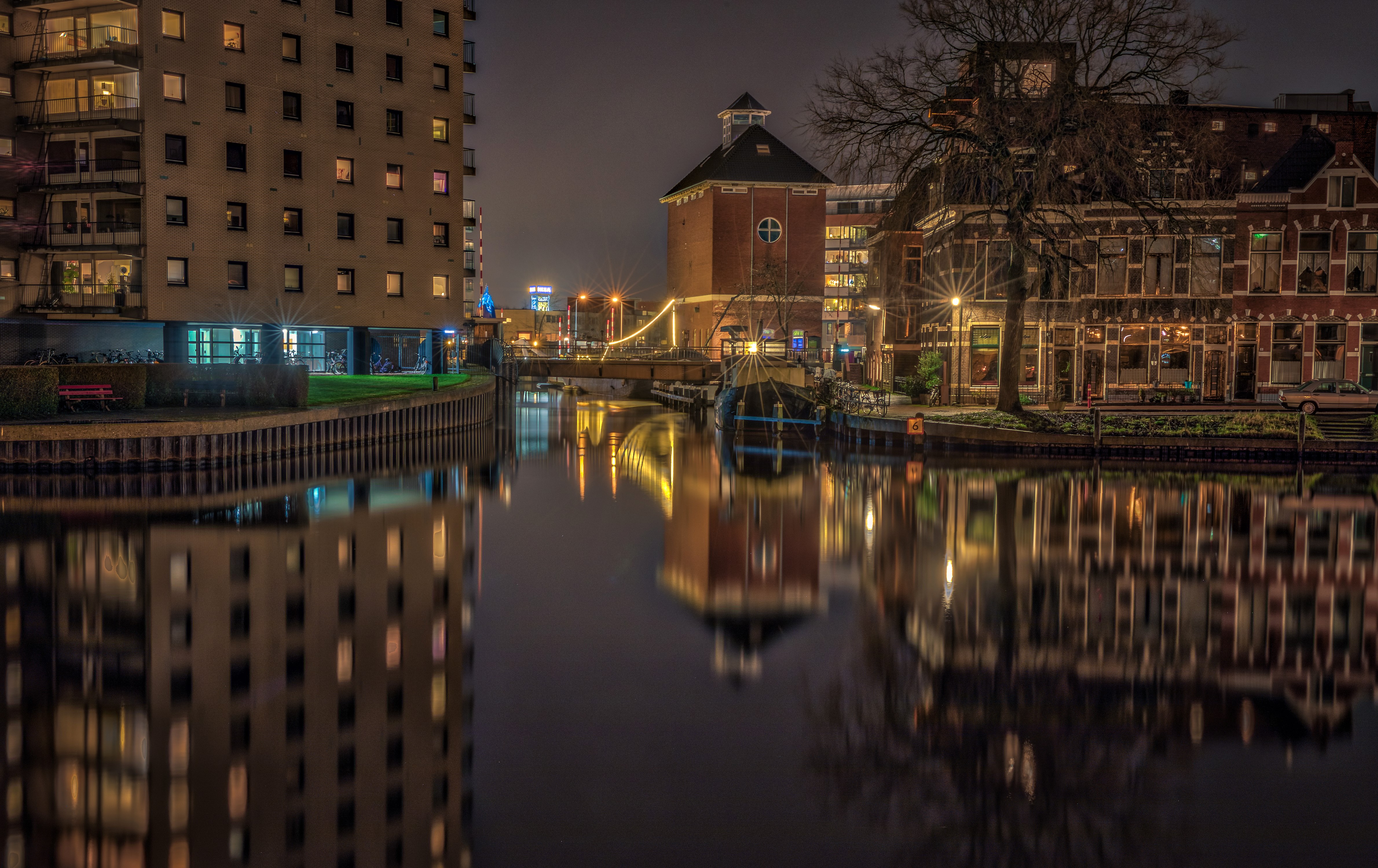 Groningen Netherlands Canal at Night HD Wallpaper