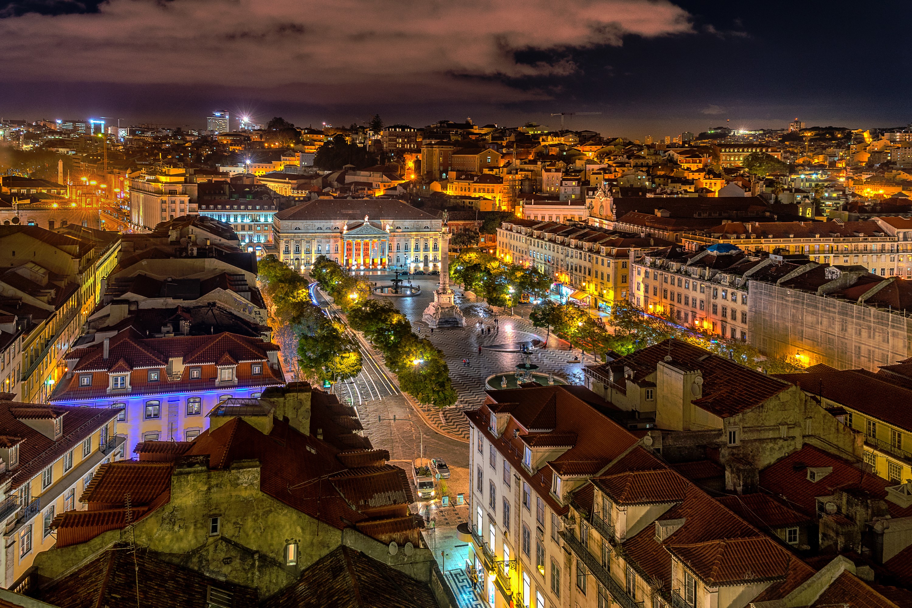 Lisbon, Portugal at Night with Town Square and Buildings HD Wallpaper