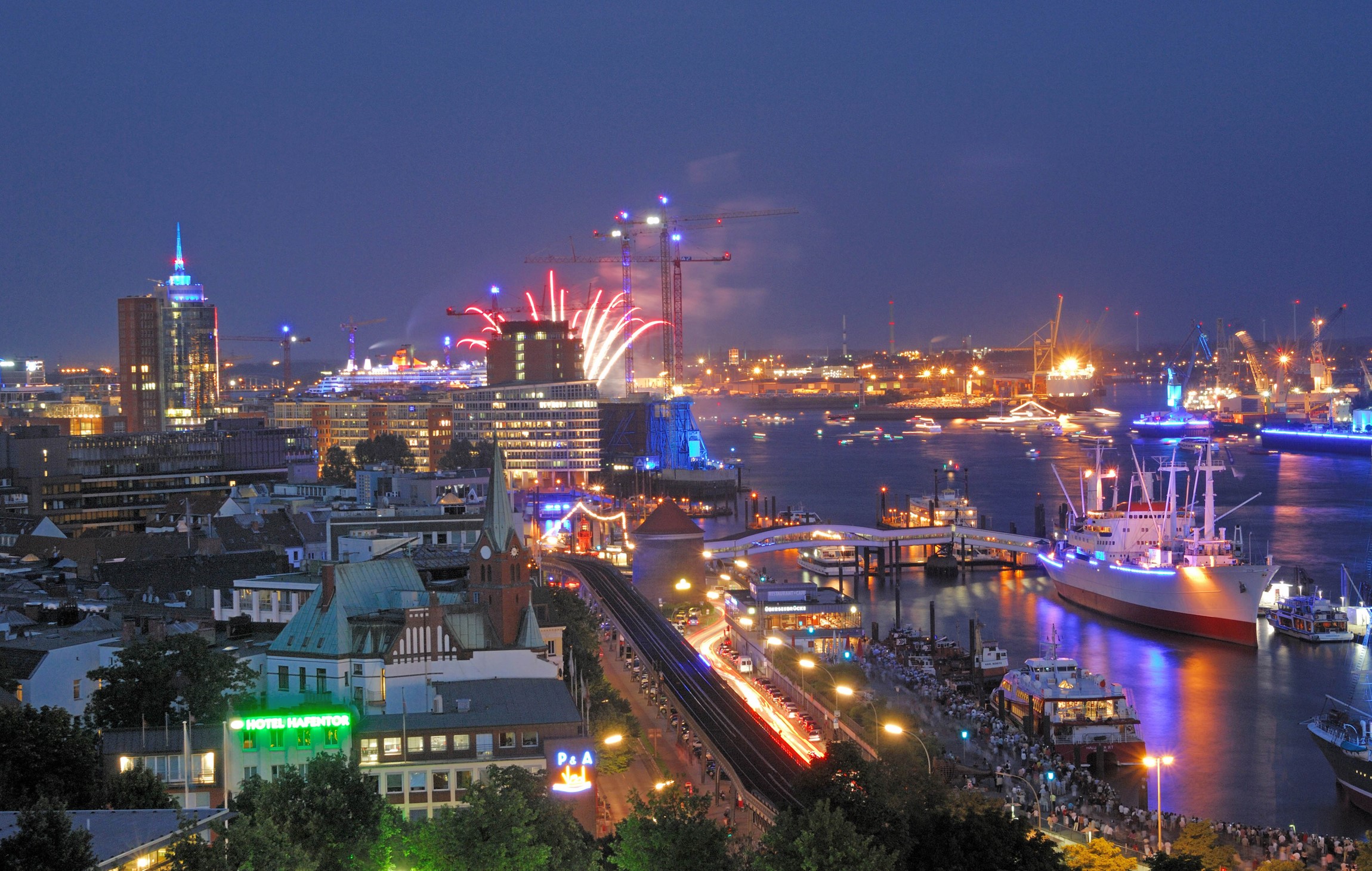 Hamburg Harbor at Night with Fireworks HD Wallpaper
