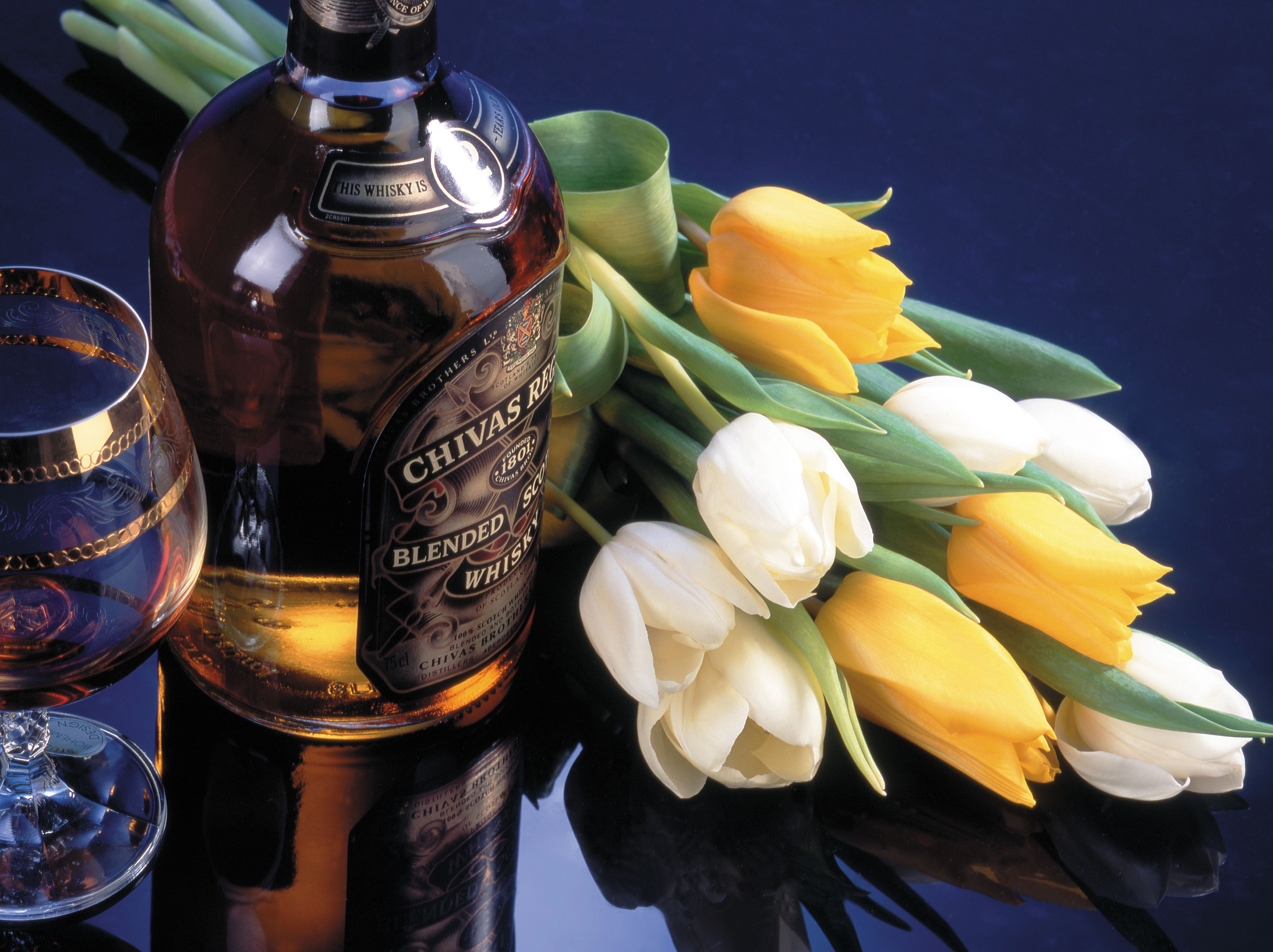 Chivas Regal Whisky bottle with tulips and glass HD Wallpaper