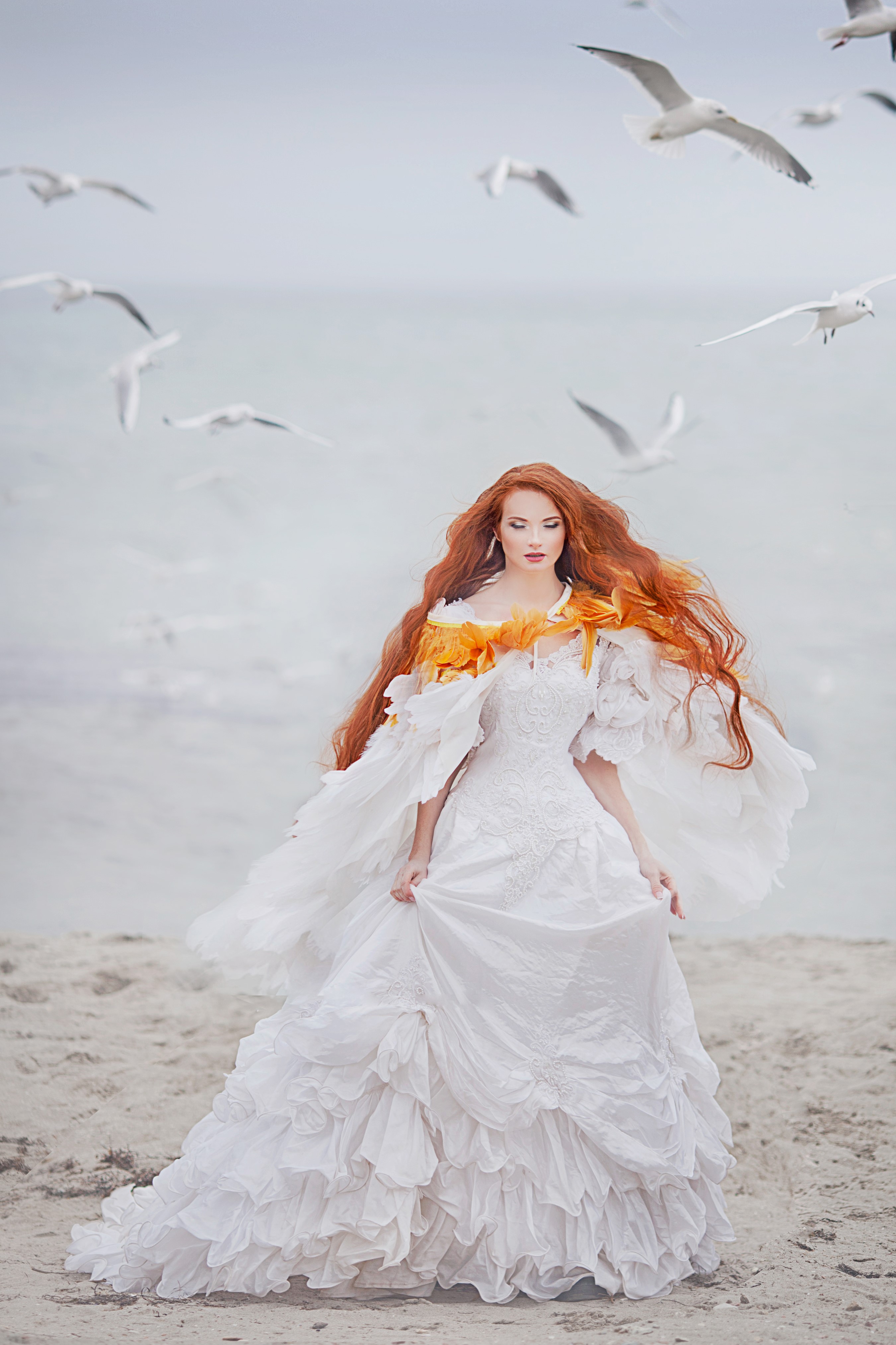 Redhead woman in white dress on a beach with seagulls HD Phone Wallpaper