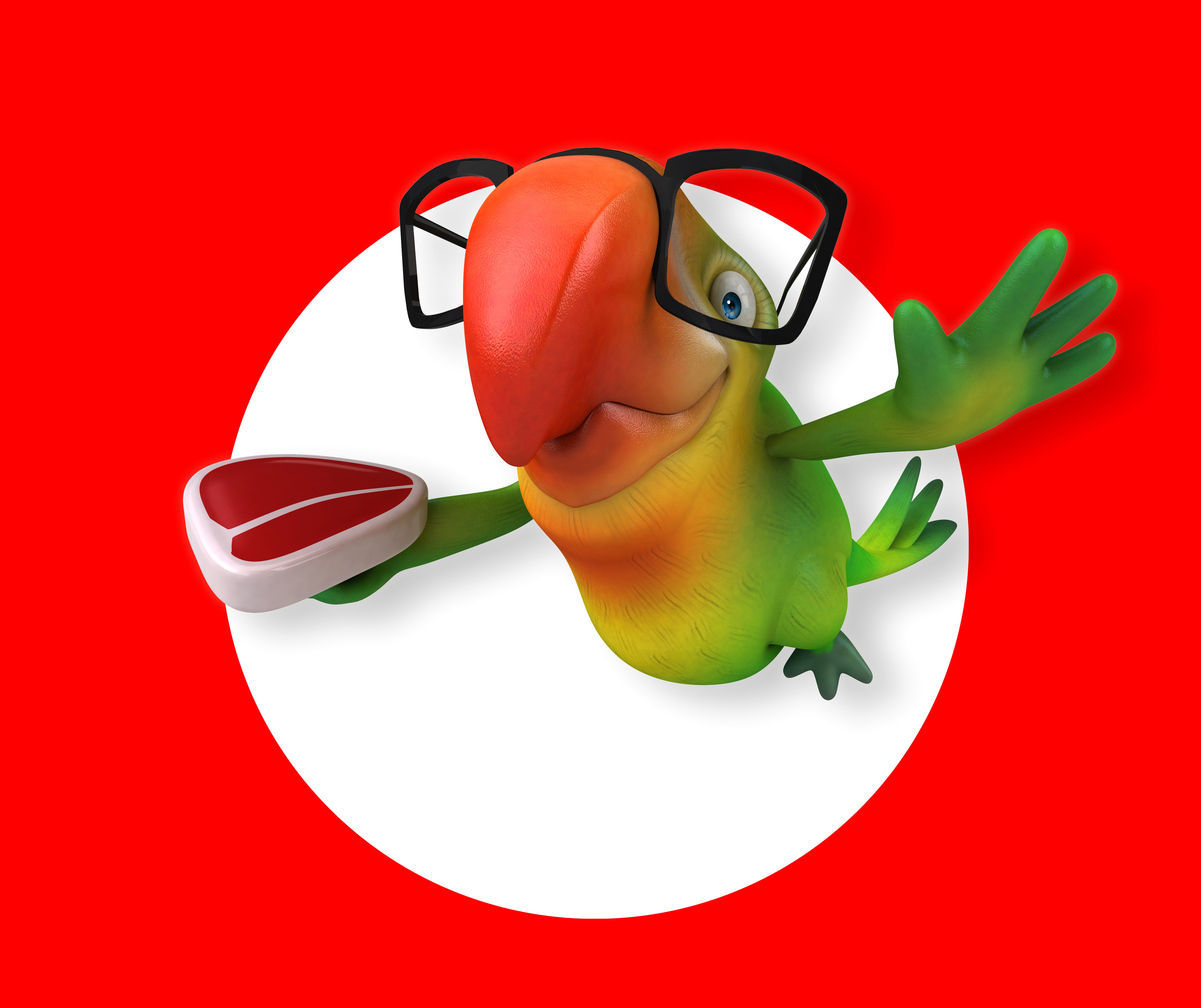 Parrot wearing glasses holding a steak HD Wallpaper