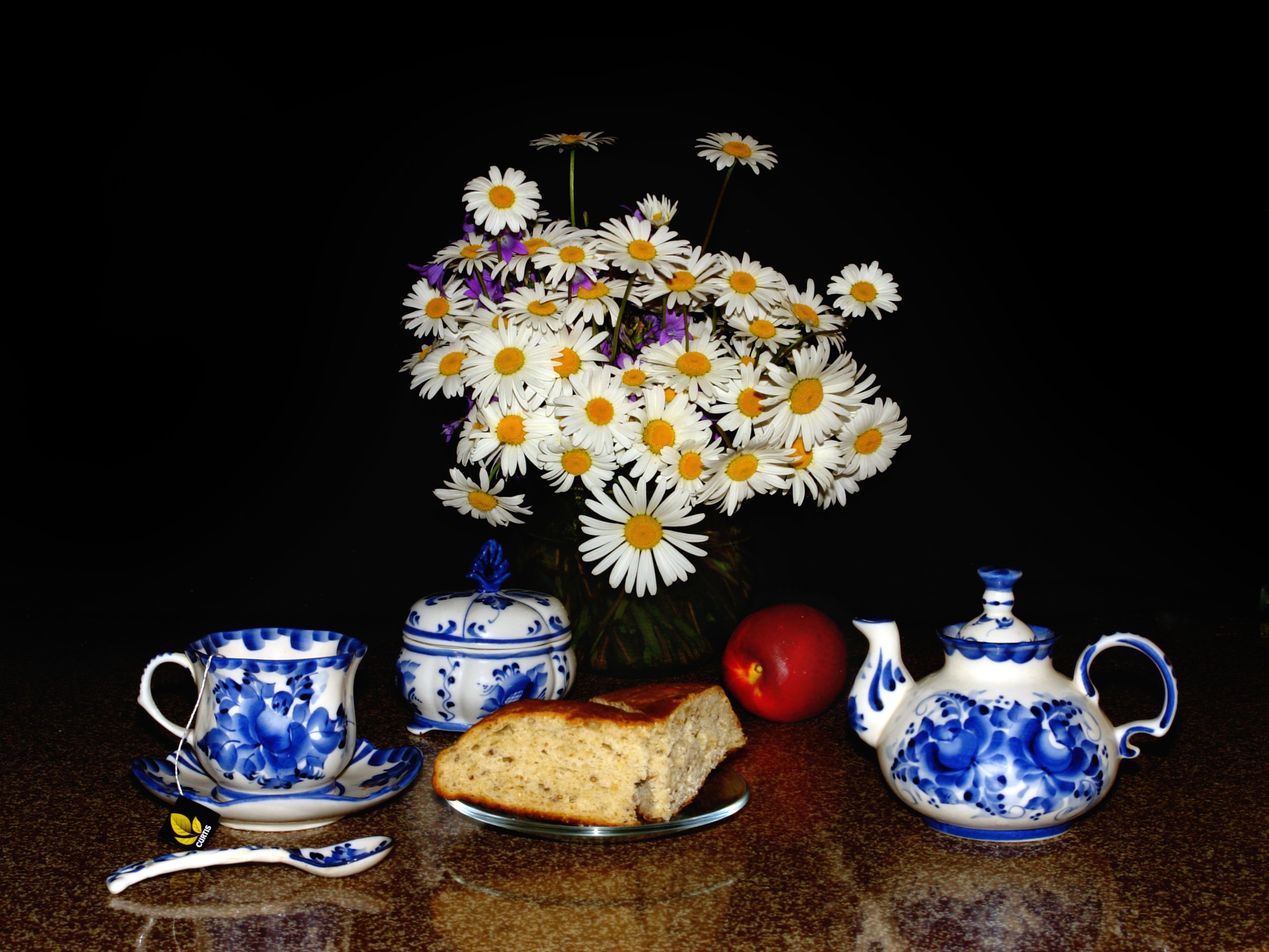 Still life with daisies, tea set, bread, and apple HD Wallpaper