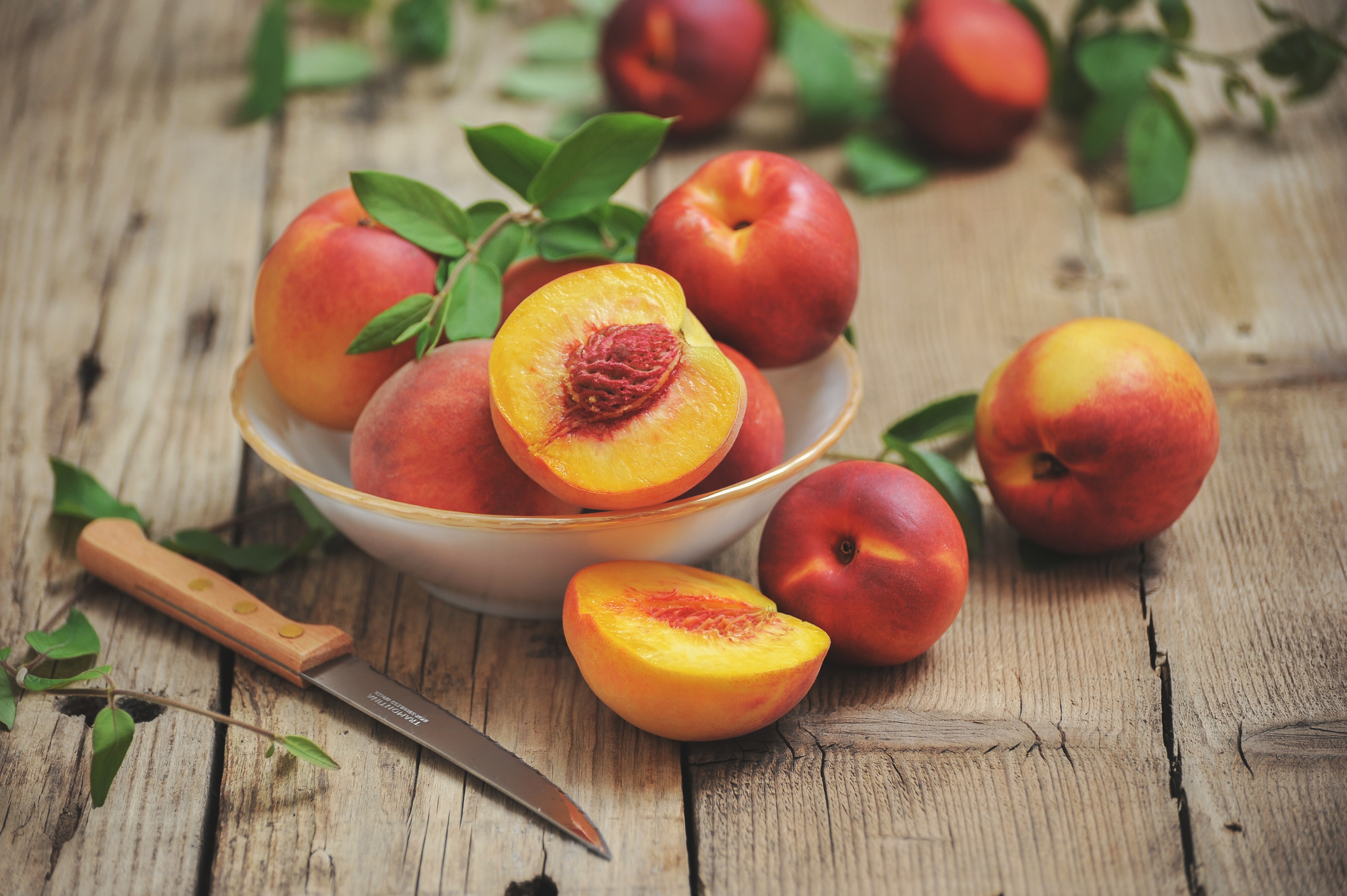 Peaches and Knife on Wood Planks HD Wallpaper