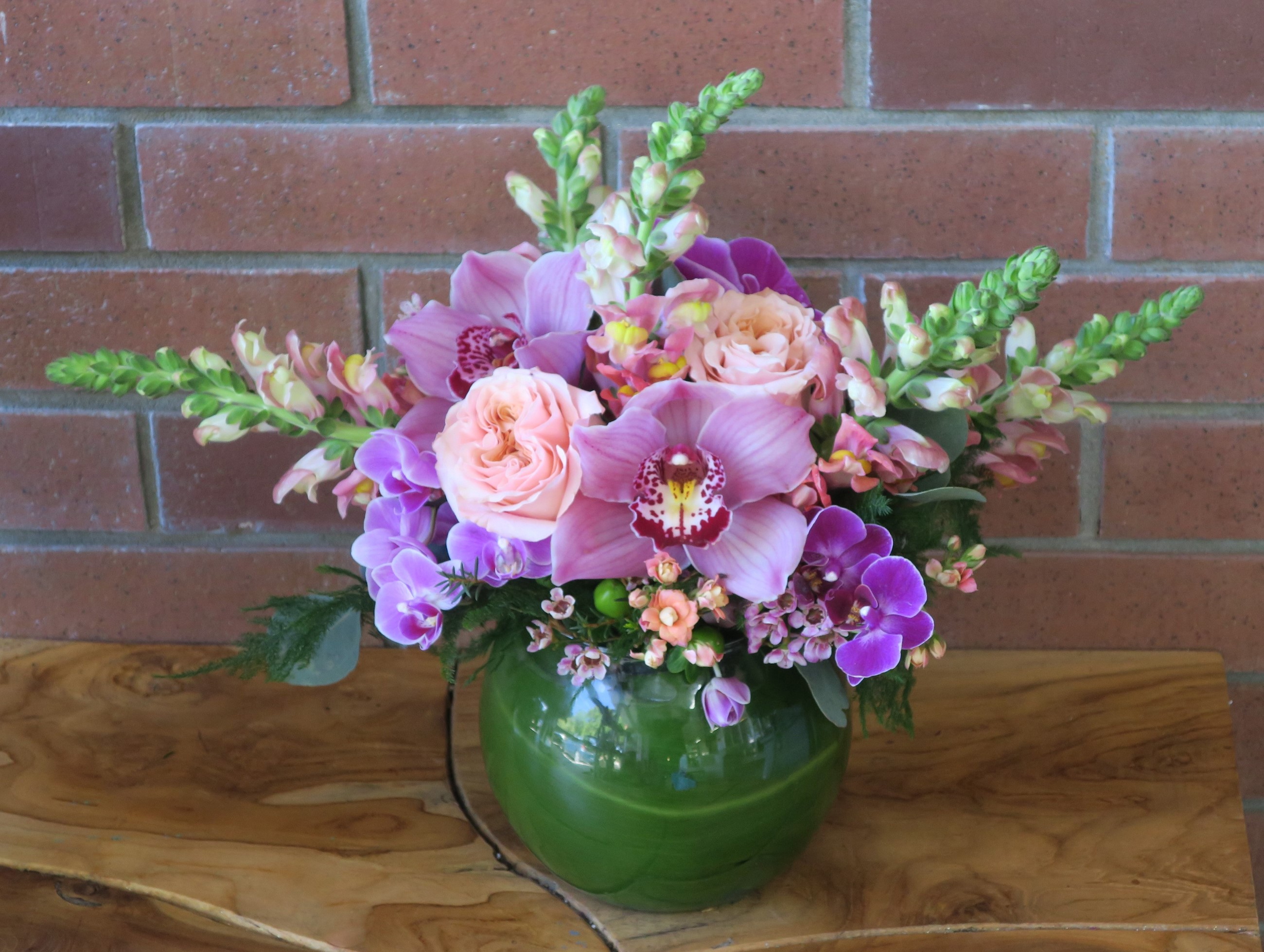 Orchid and Rose Bouquet in Green Vase HD Wallpaper