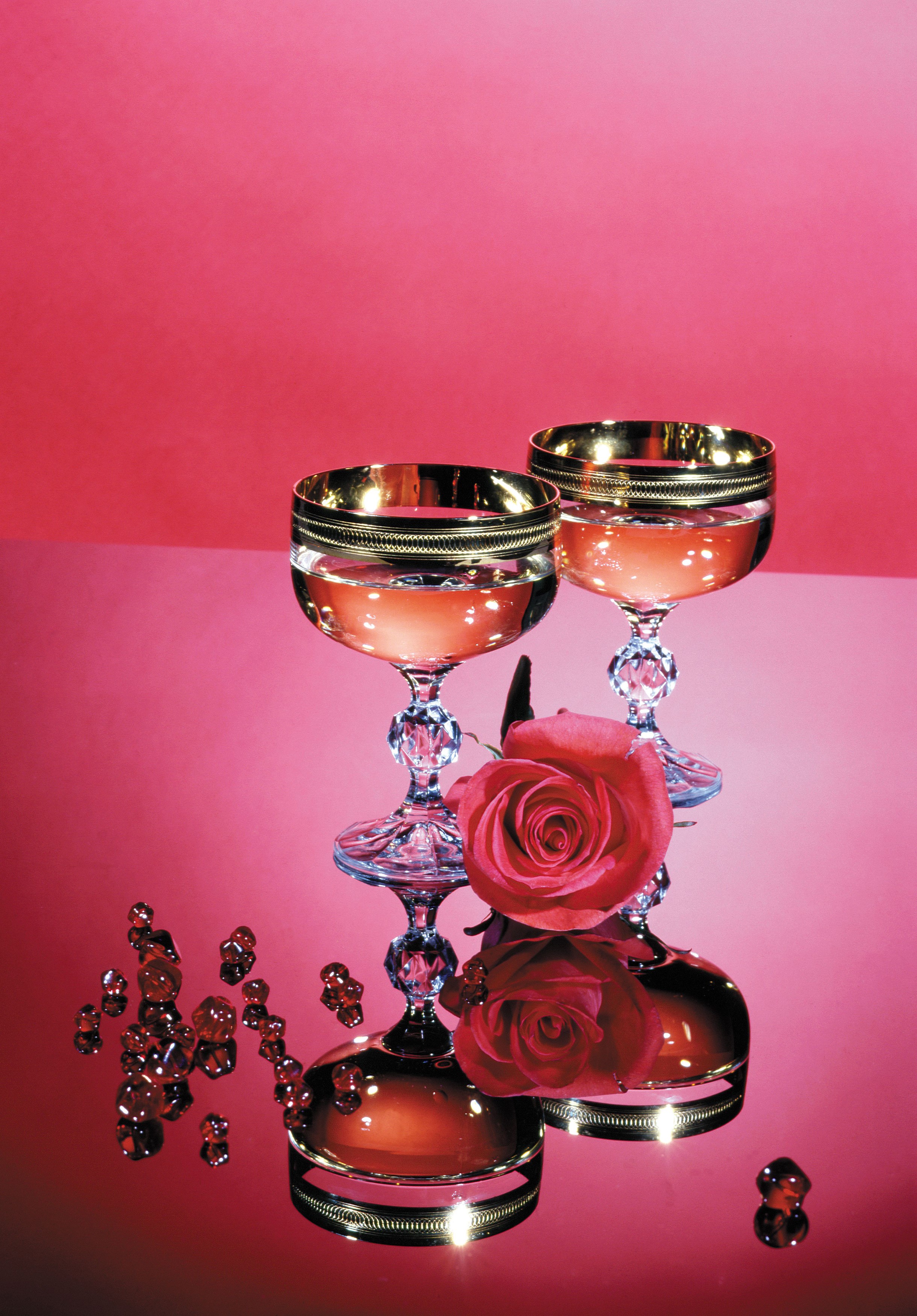 Two champagne glasses with rose and red gems HD Phone Wallpaper