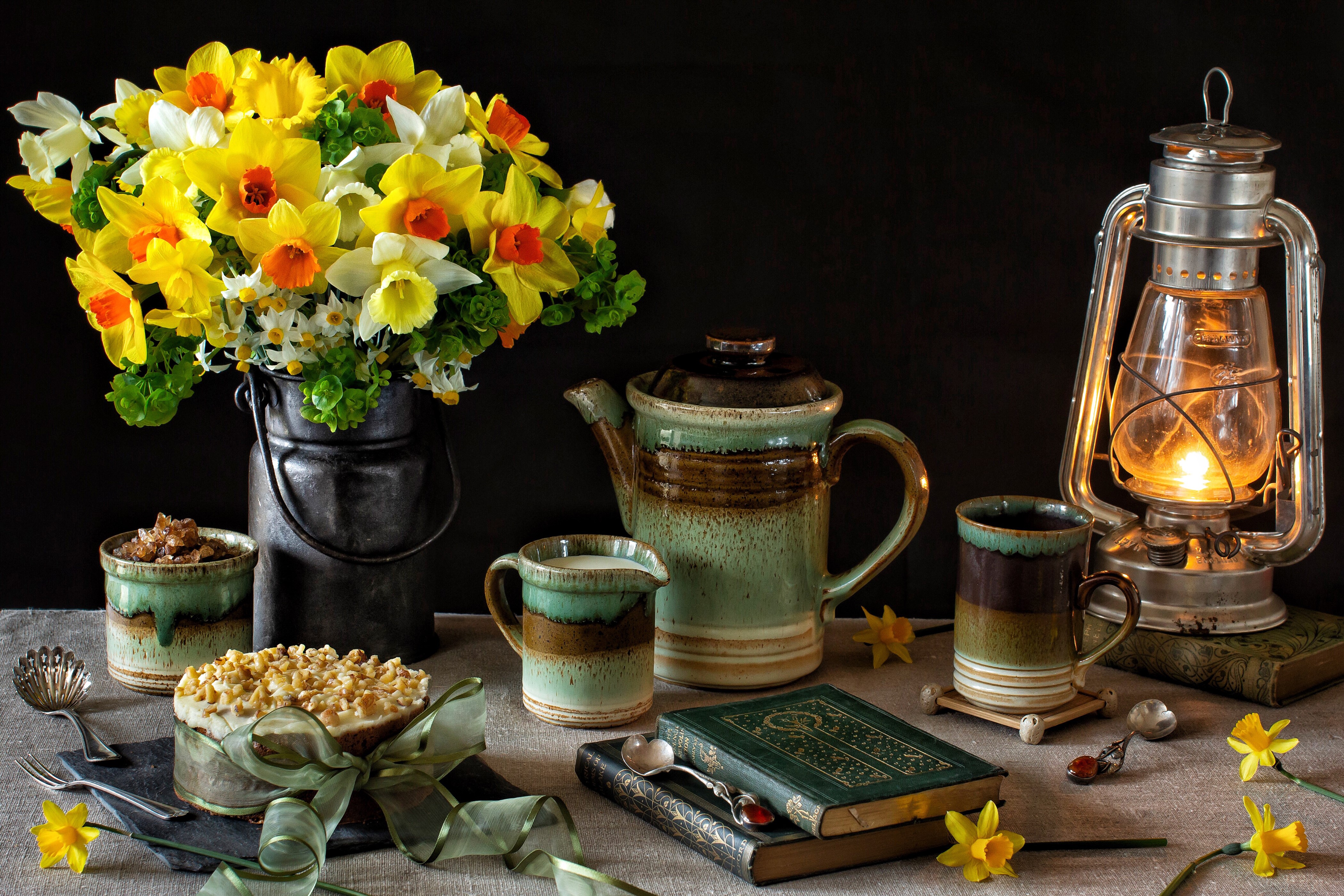 Still-life with Daffodils, Kerosene Lamp, and Cake HD Wallpaper