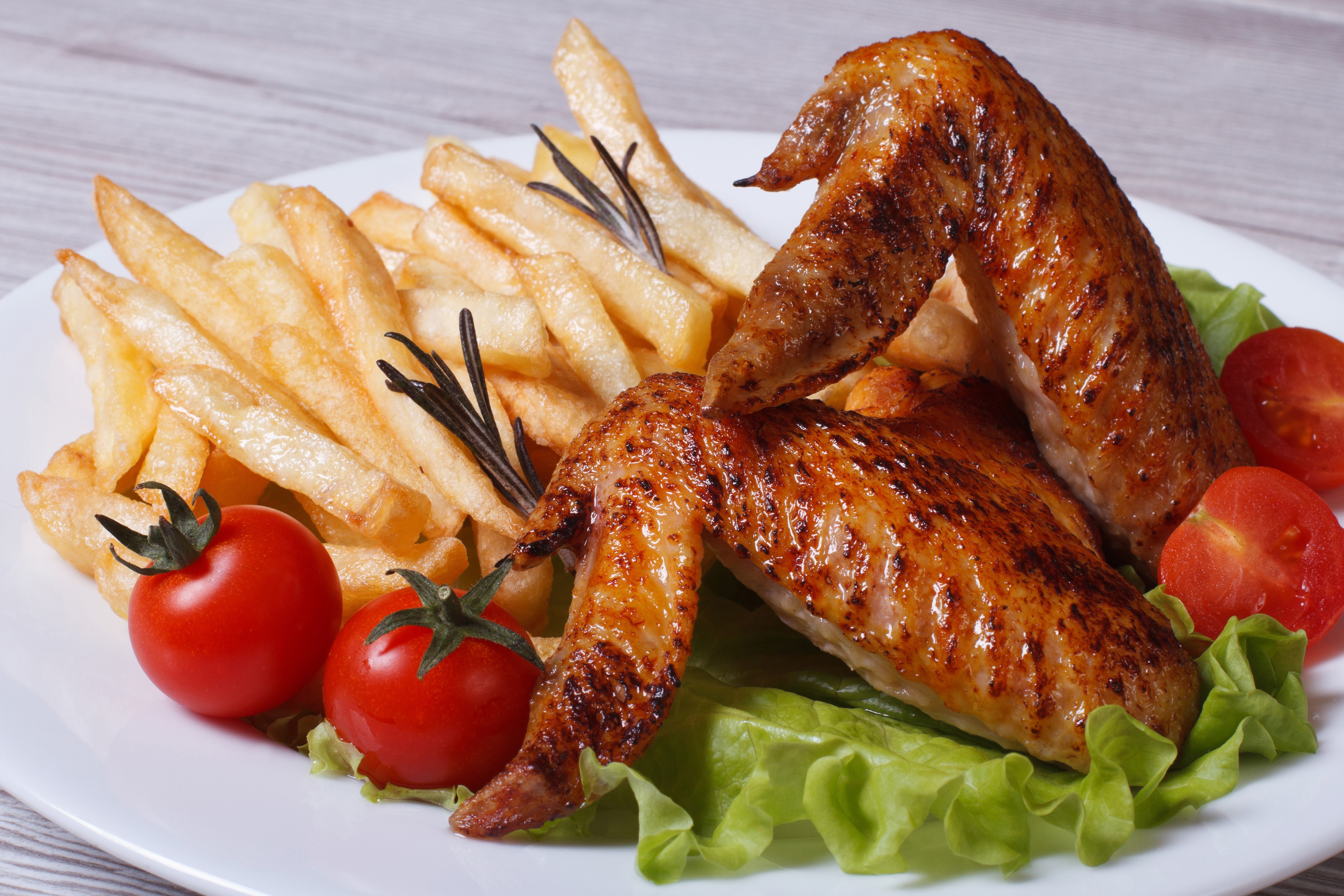 Roast Chicken Wings with French Fries and Tomatoes HD Wallpaper
