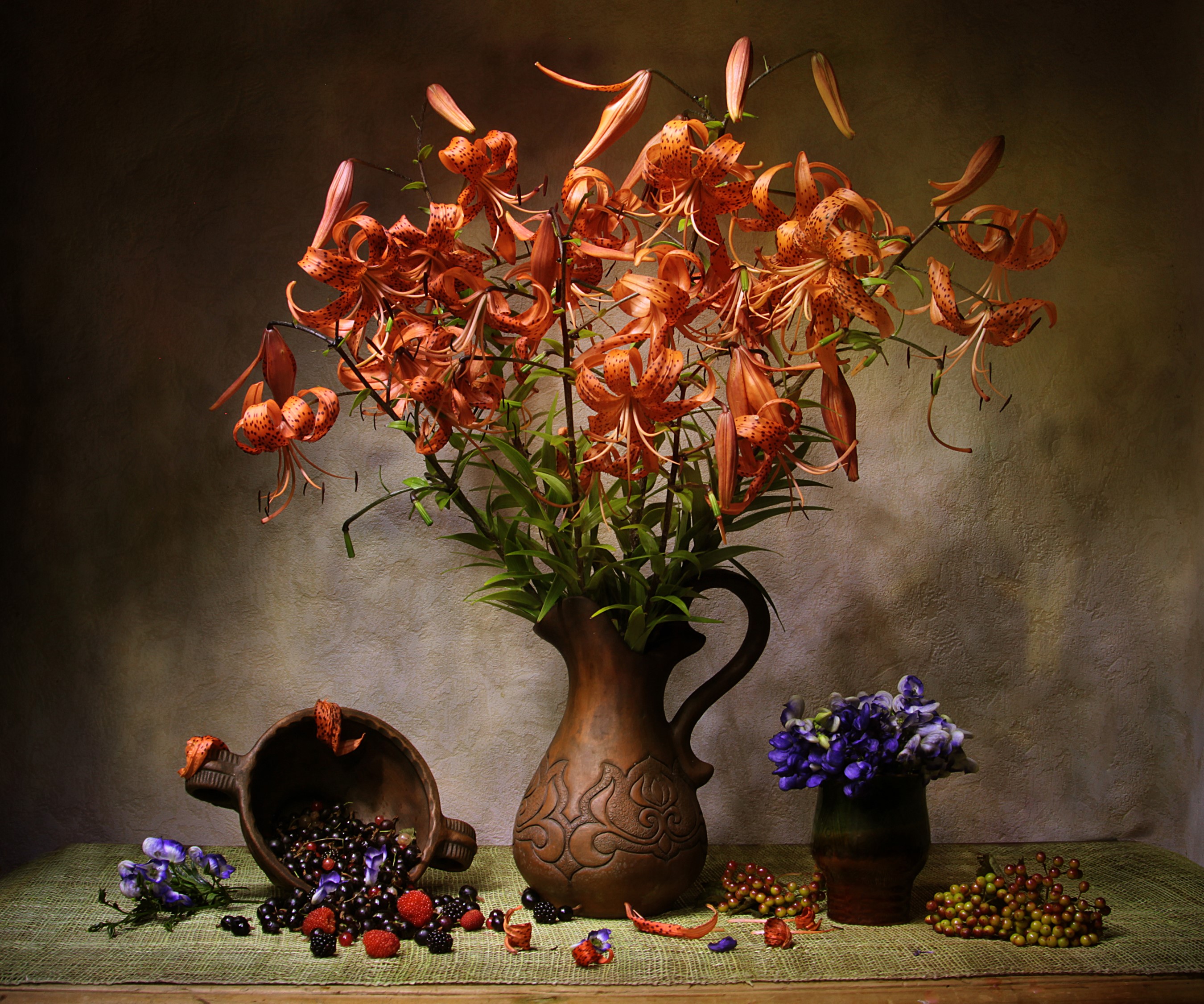 Still life with lilies and berries HD Wallpaper