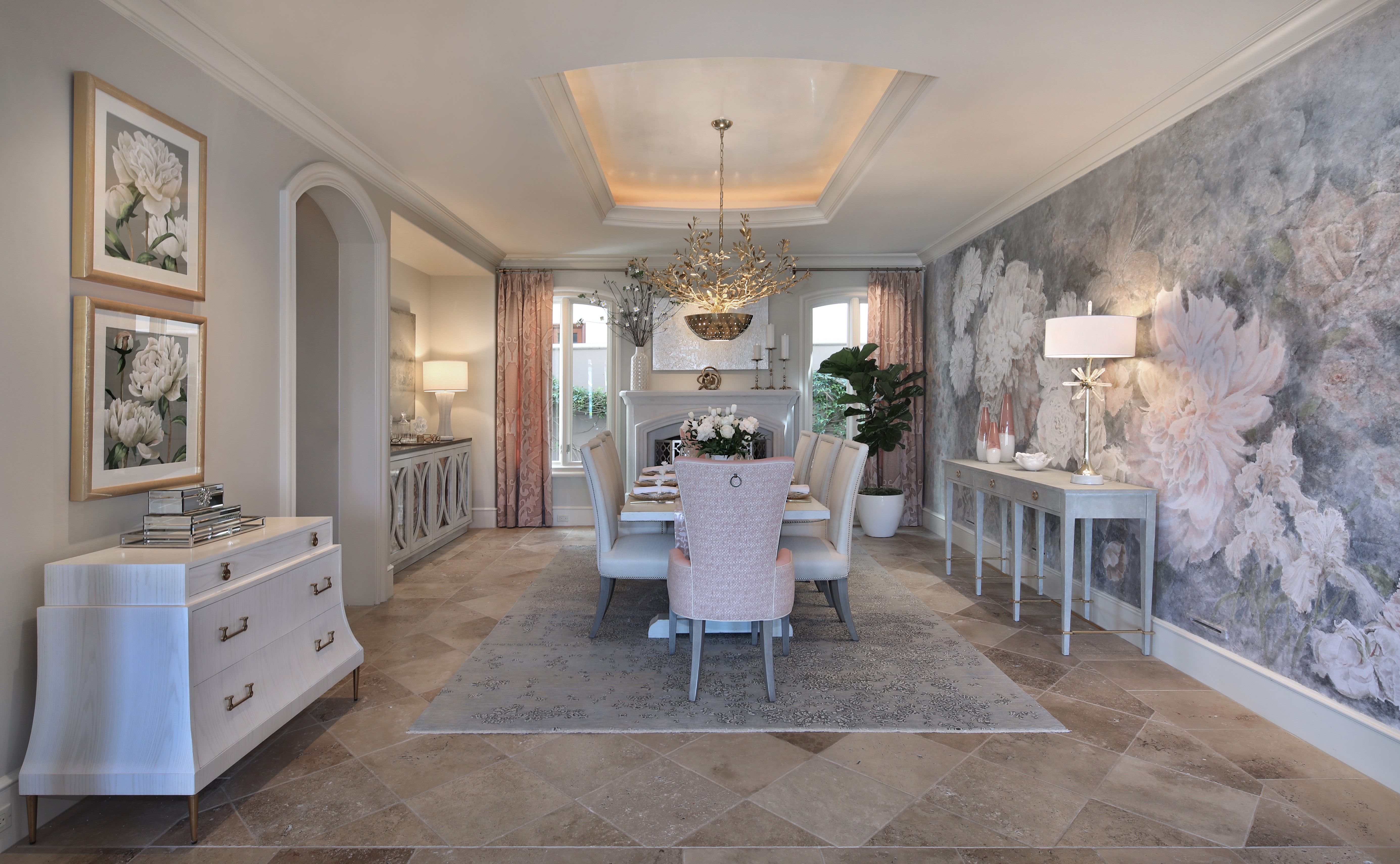 Elegant Dining Room with Floral Wallpaper and Chandelier HD Wallpaper