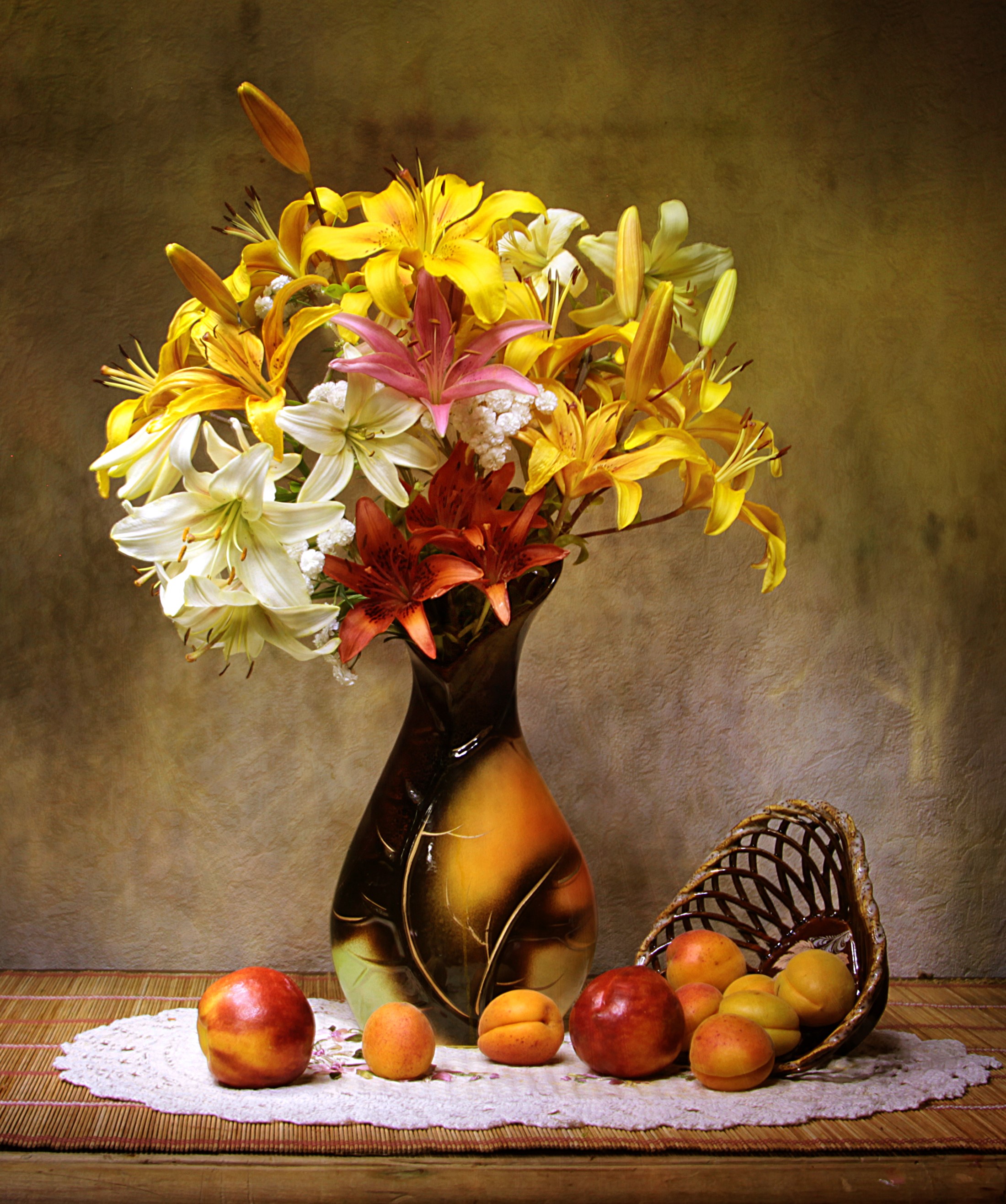 Still-life with lilies and fruits in a vase HD Wallpaper
