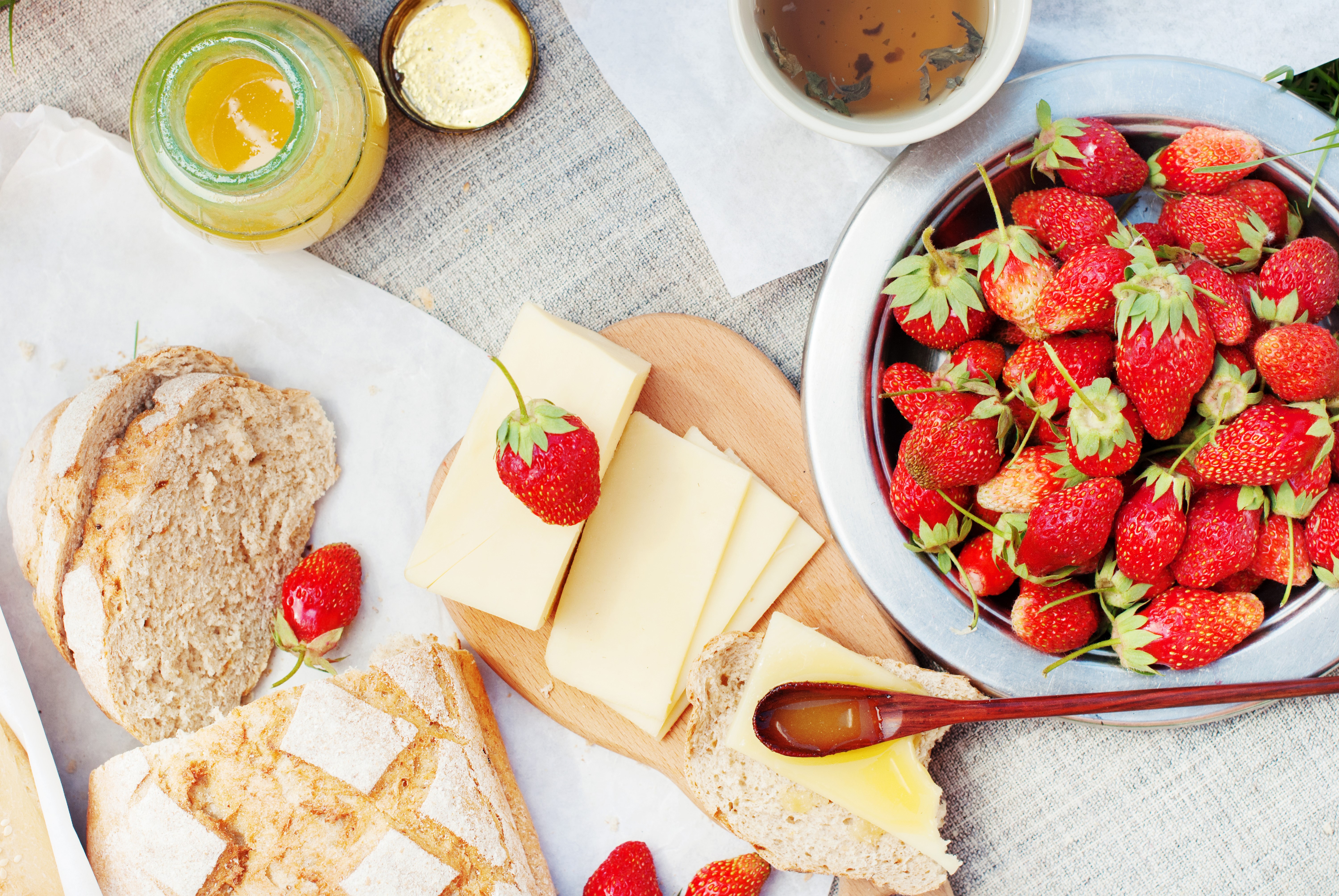 Breakfast with Bread, Cheese, Strawberries, and Honey HD Wallpaper