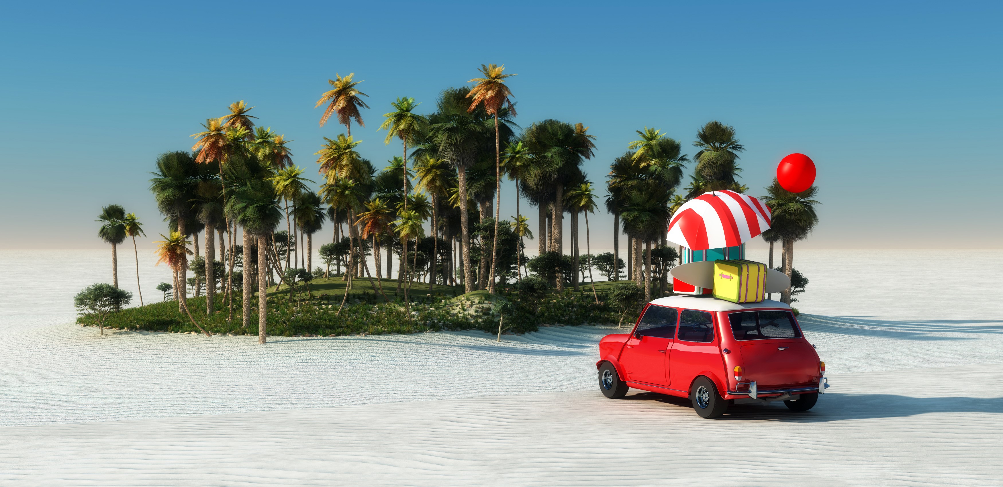 Red car loaded with luggage on a tropical island HD Wallpaper