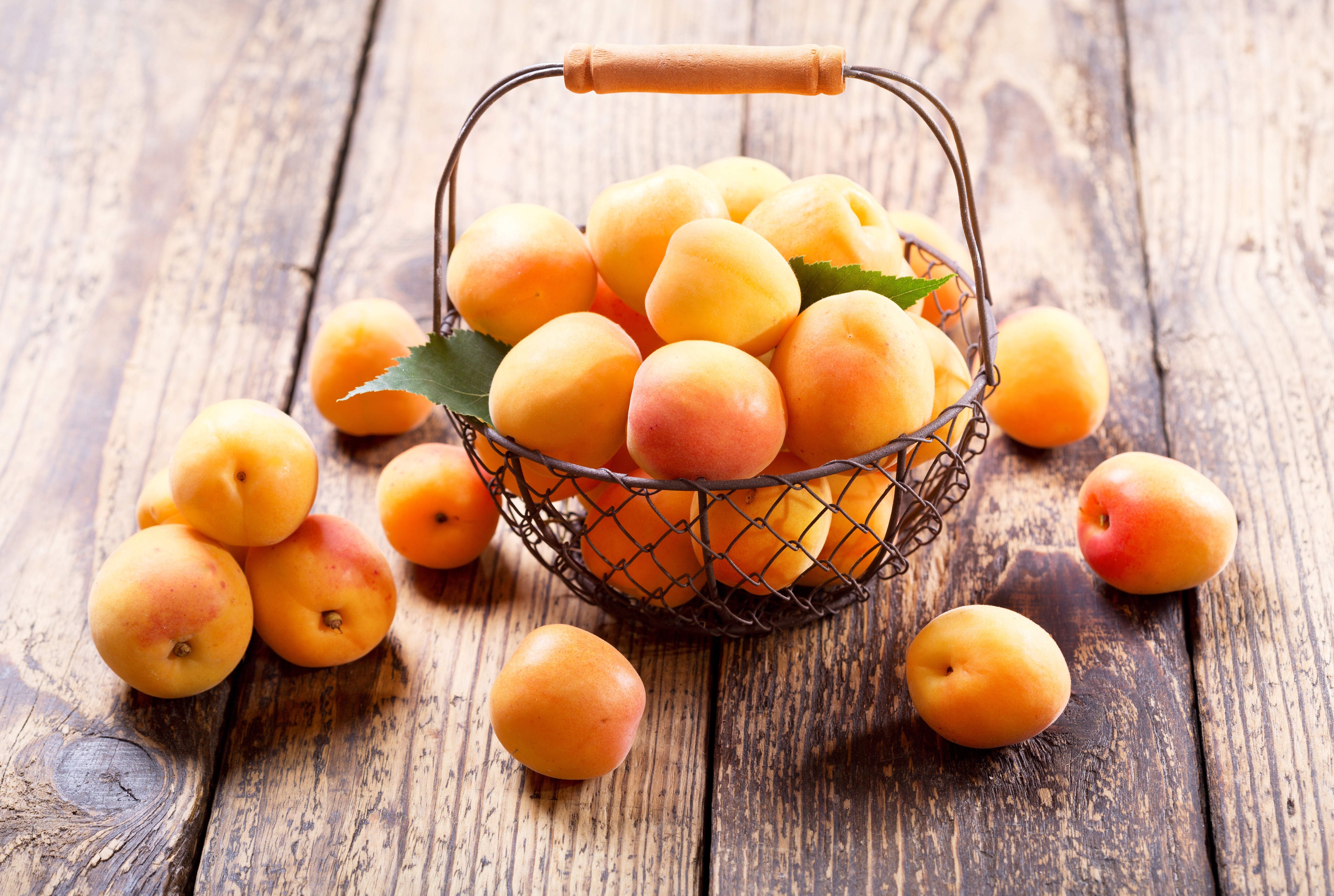 Apricots in a wicker basket on wood planks HD Wallpaper