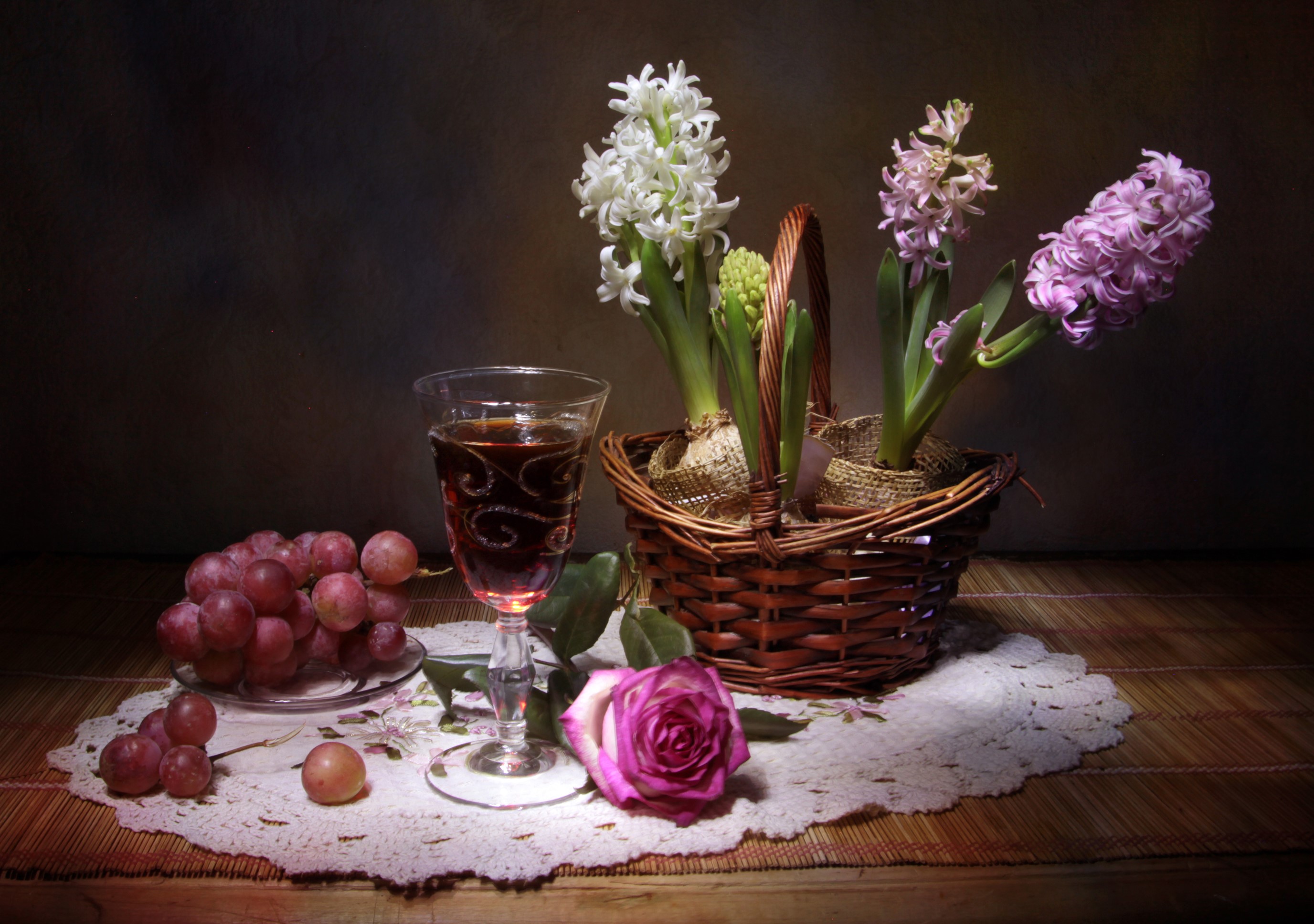 Still-life with hyacinths, wine, grapes, and rose HD Wallpaper
