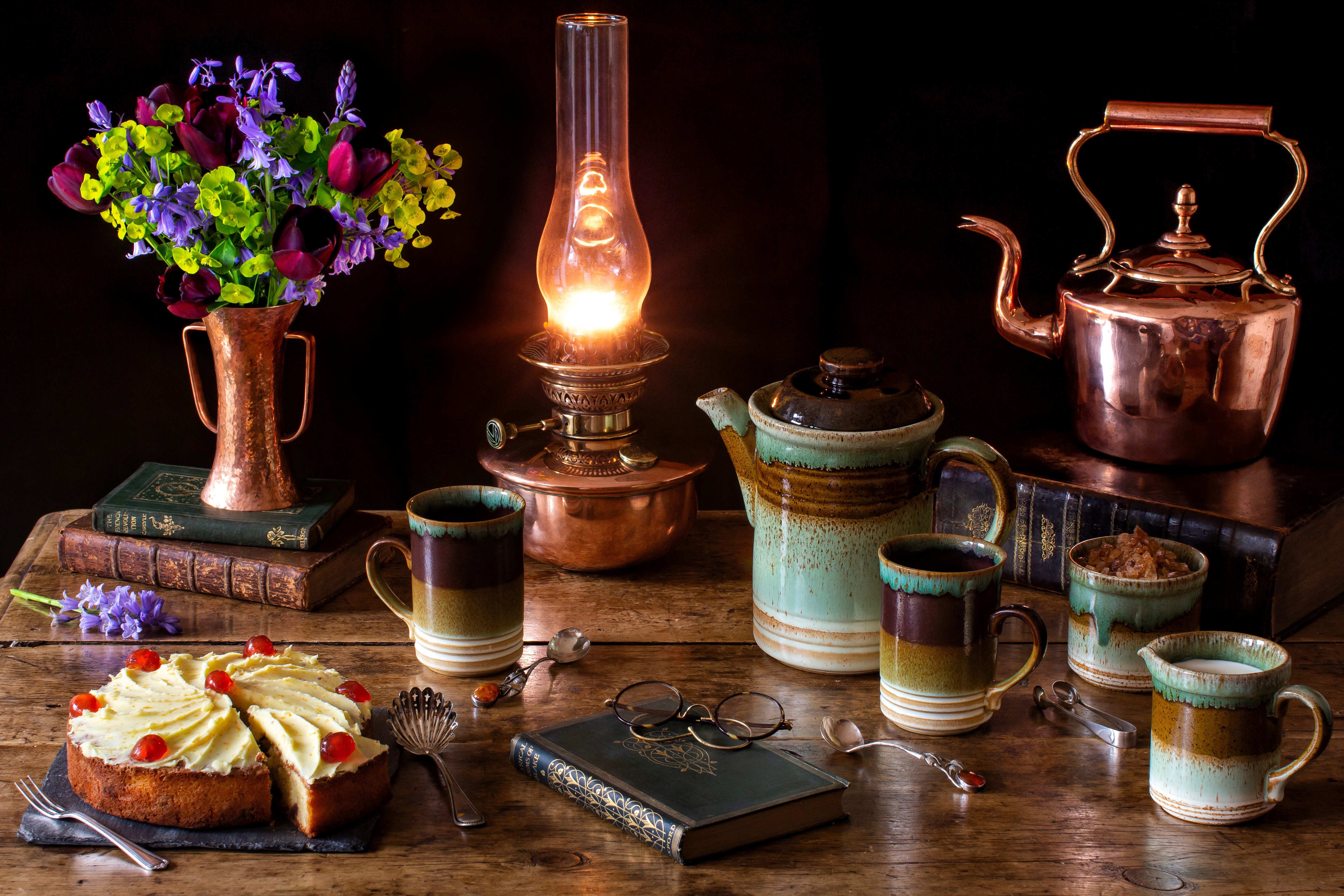 Still-life with cake, flowers, and tea set HD Wallpaper