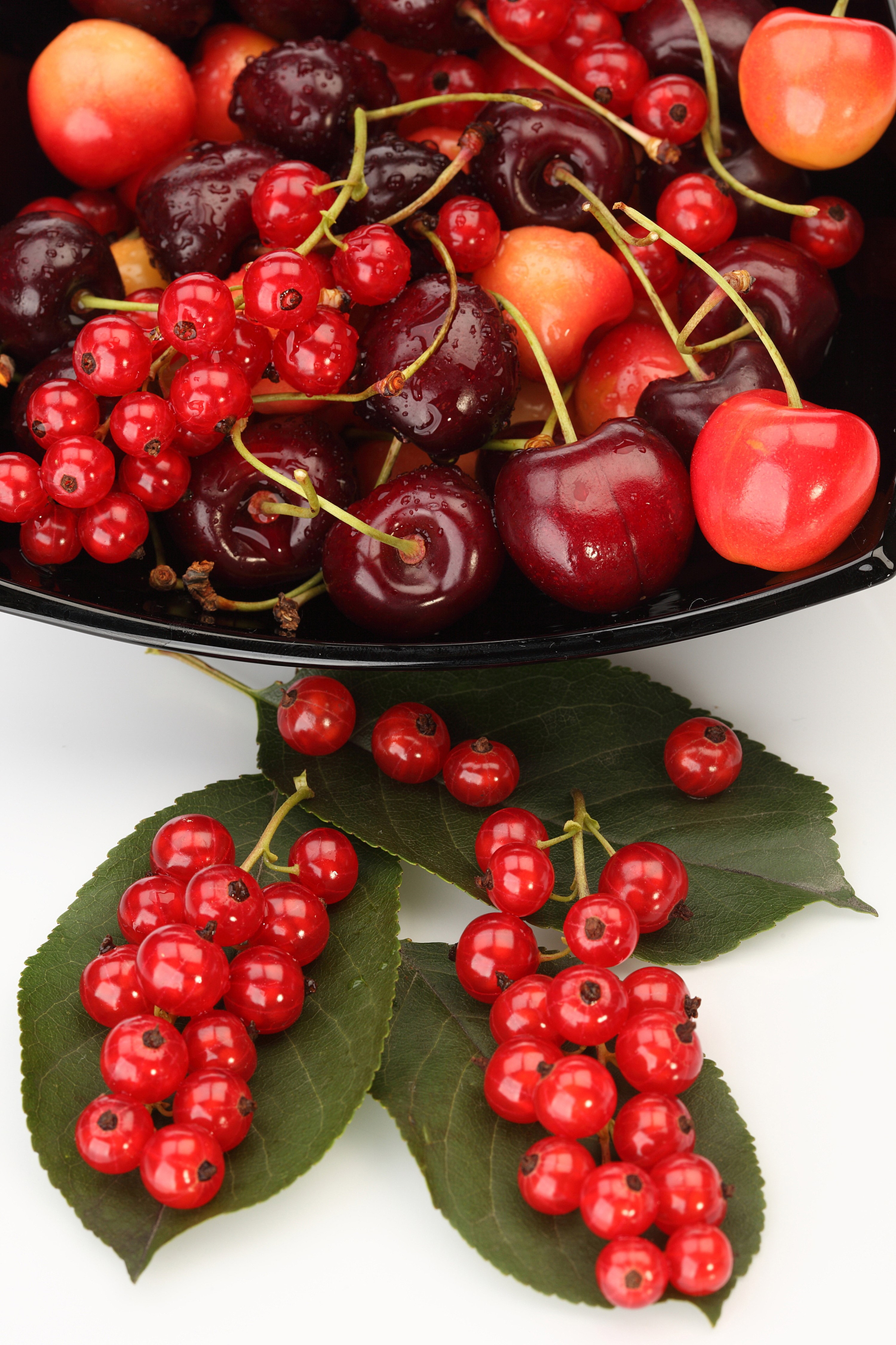 Cherries and red currants on leaves HD Phone Wallpaper