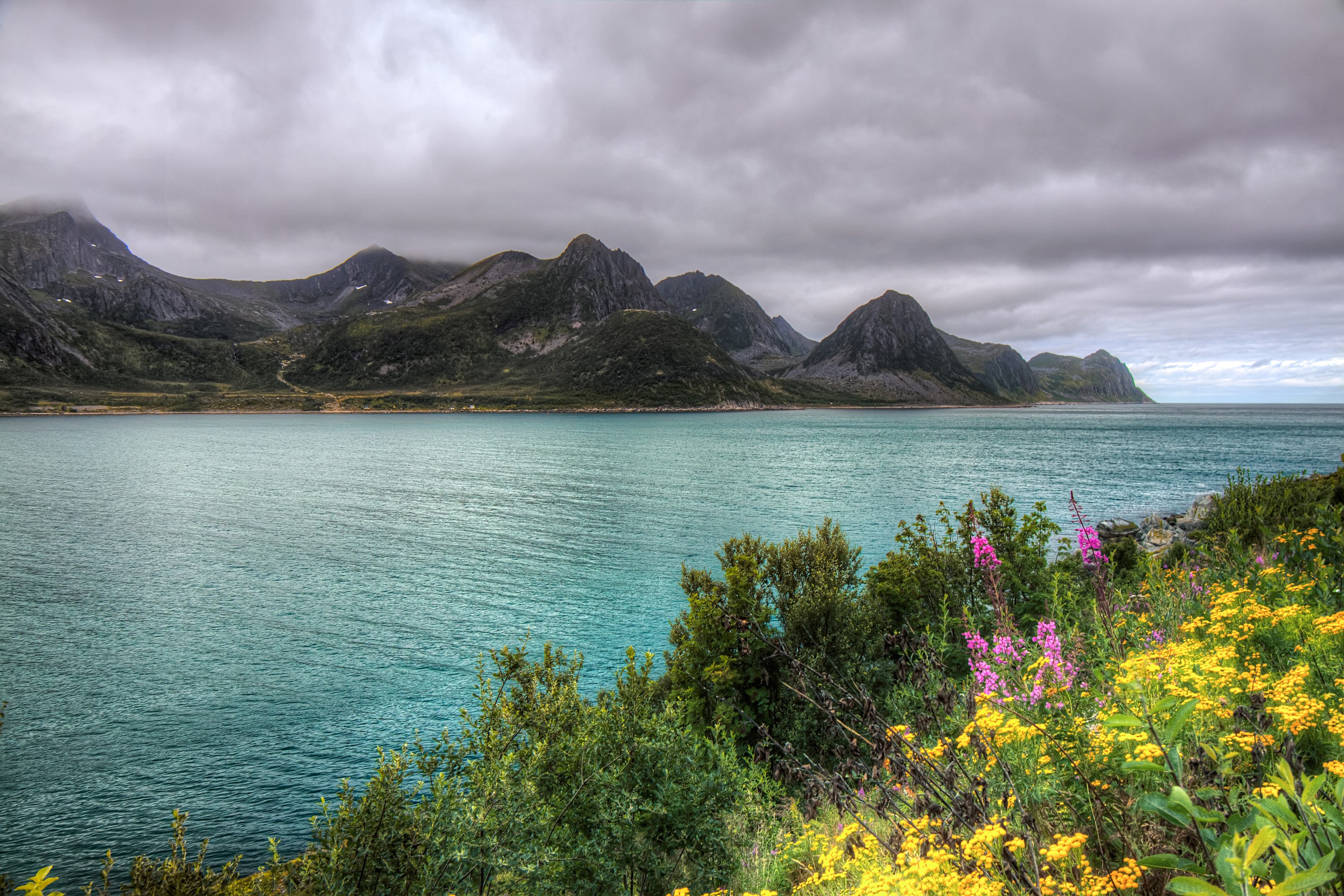 Mountains and fjord in Husoy, Norway HD Wallpaper